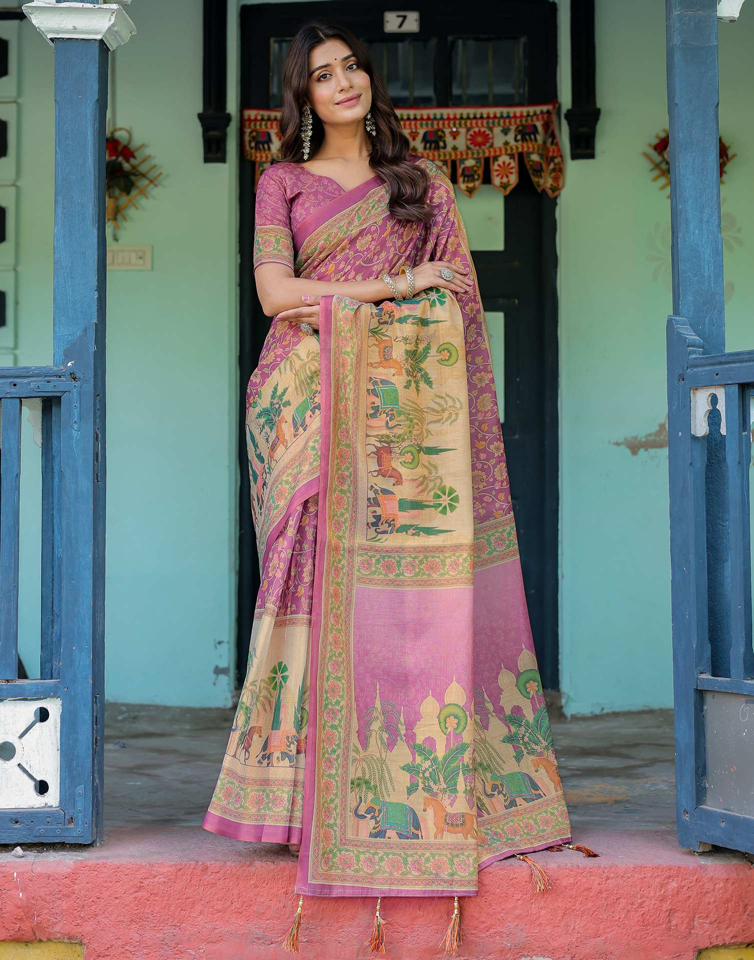 Deep Rose Pink Shimmer Silk Printed Saree - Image 12