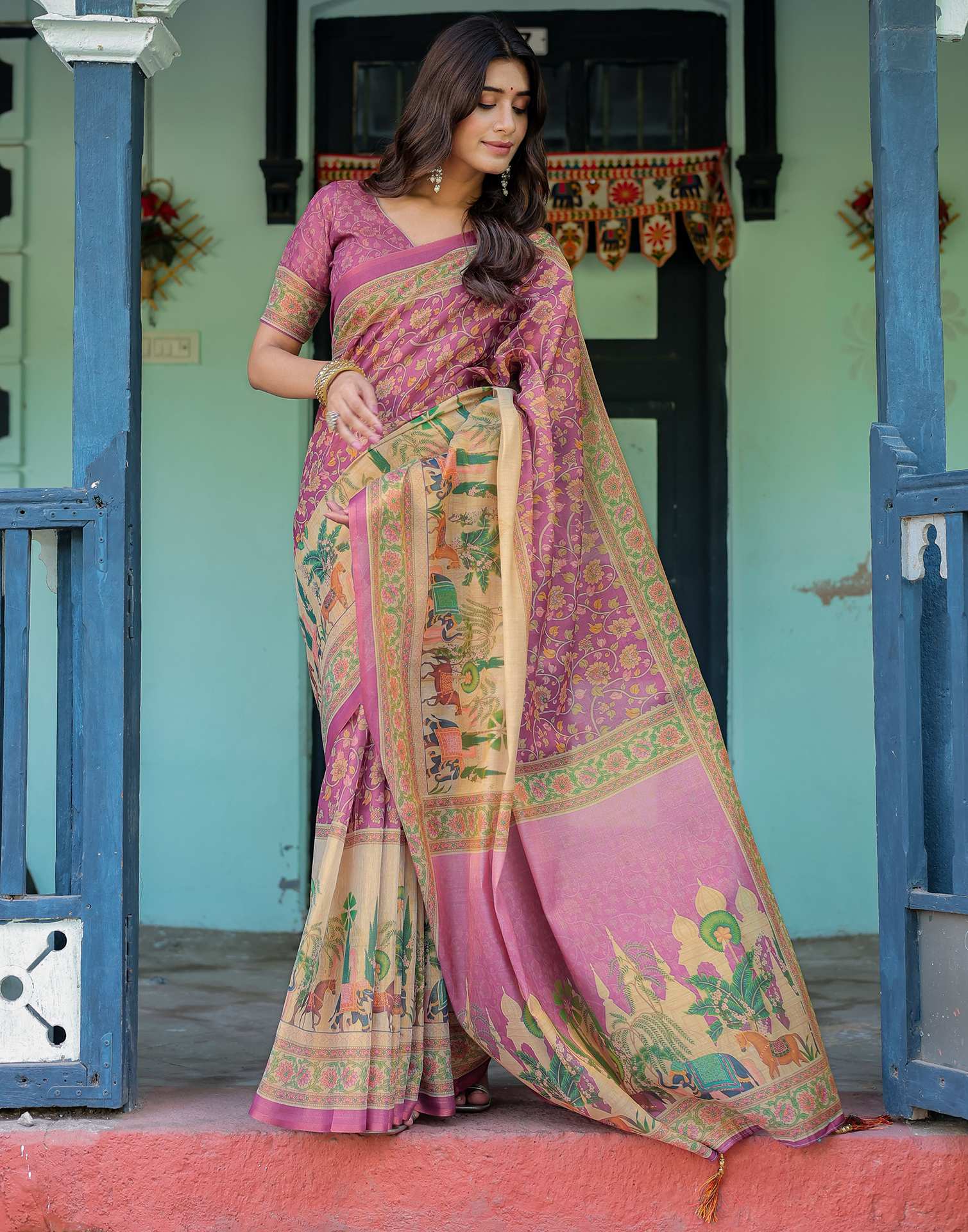 Deep Rose Pink Shimmer Silk Printed Saree - Image 13