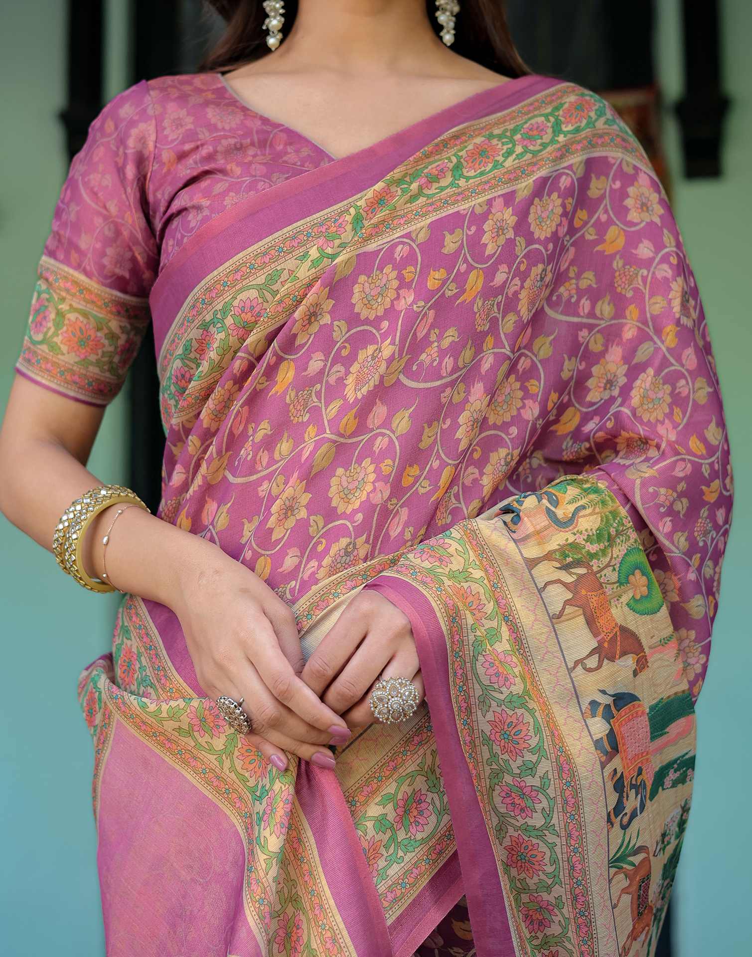 Deep Rose Pink Shimmer Silk Printed Saree - Image 15