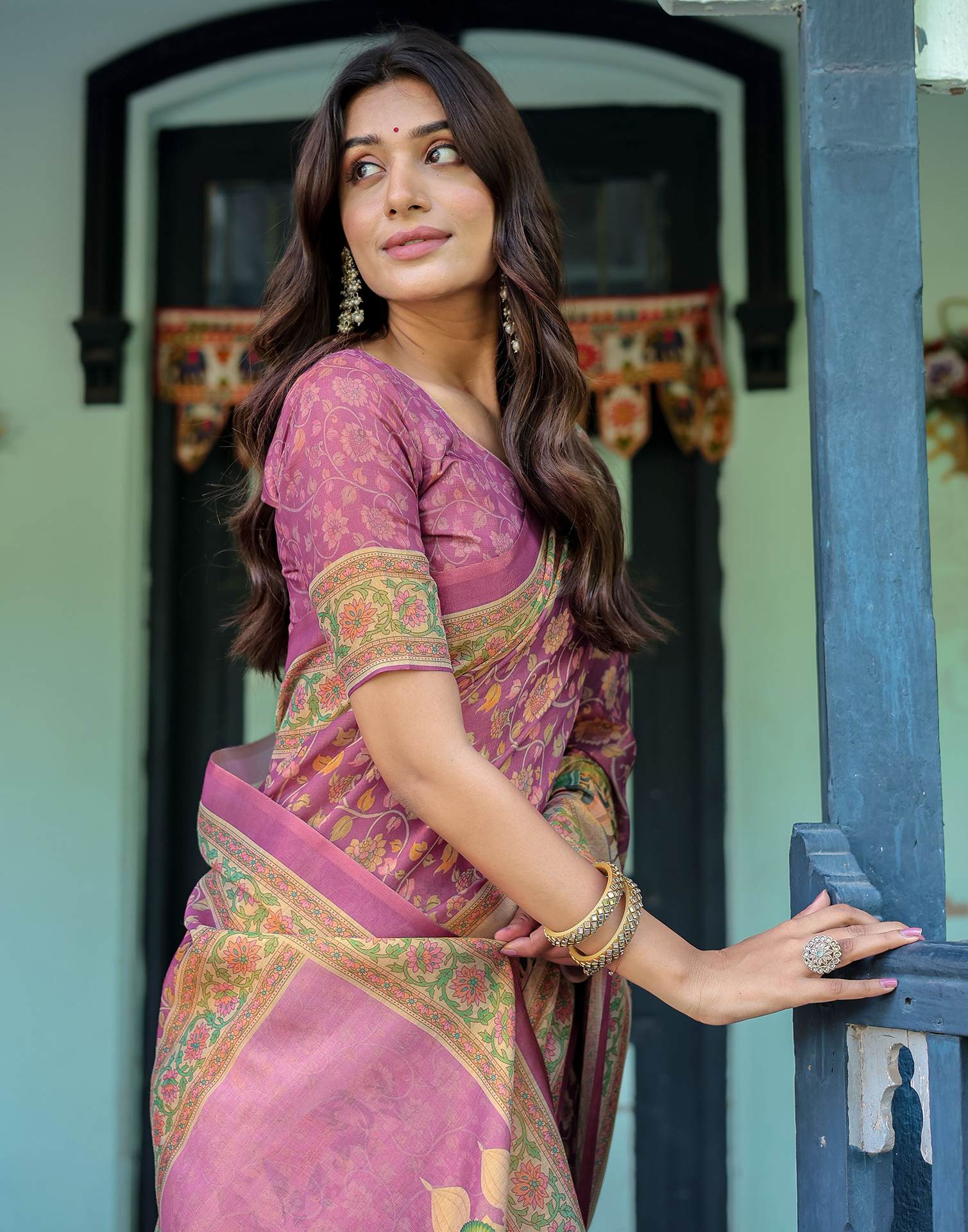 Deep Rose Pink Shimmer Silk Printed Saree - Image 4
