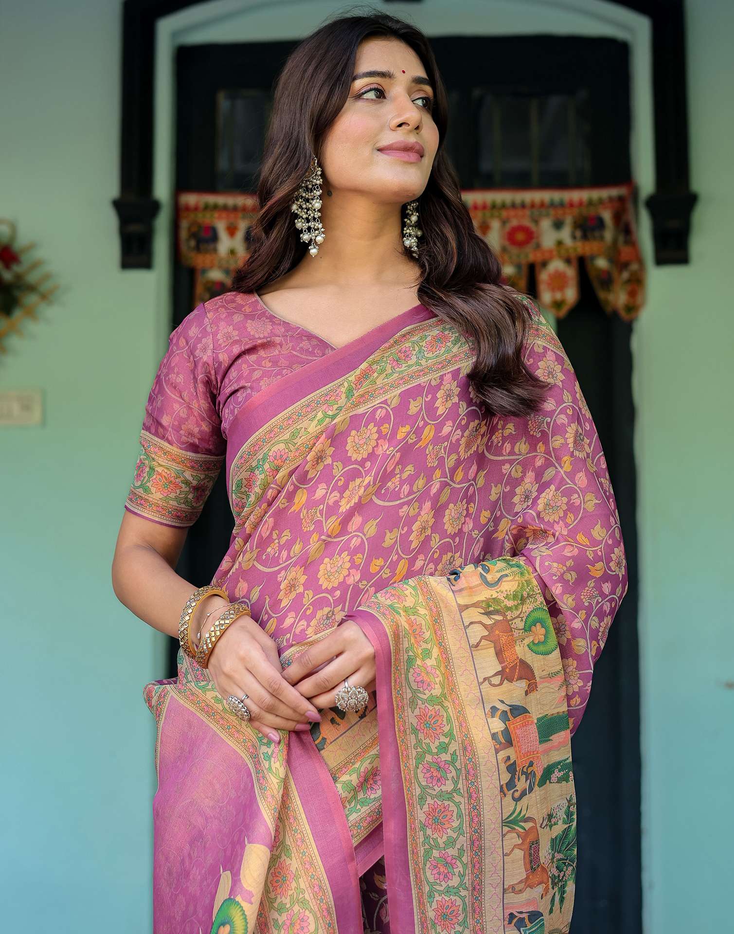 Deep Rose Pink Shimmer Silk Printed Saree - Image 7