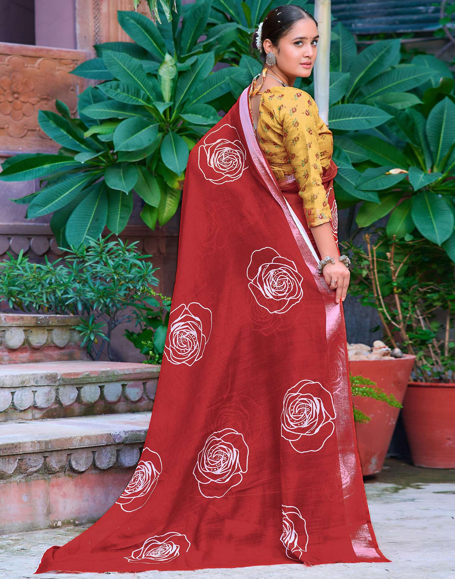 Dull Red Cotton Linen Printed Saree - Image 5