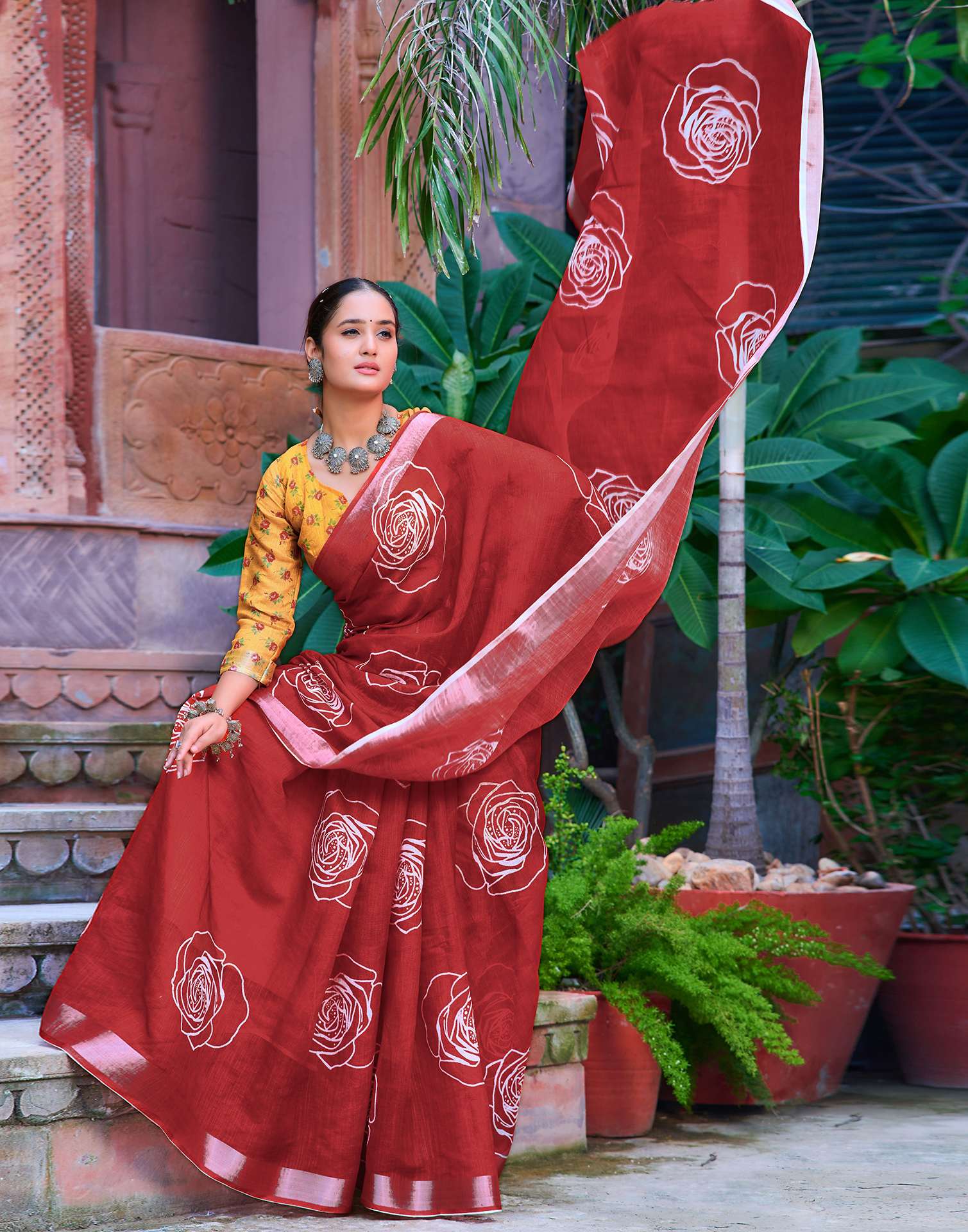 Dull Red Cotton Linen Printed Saree - Image 6