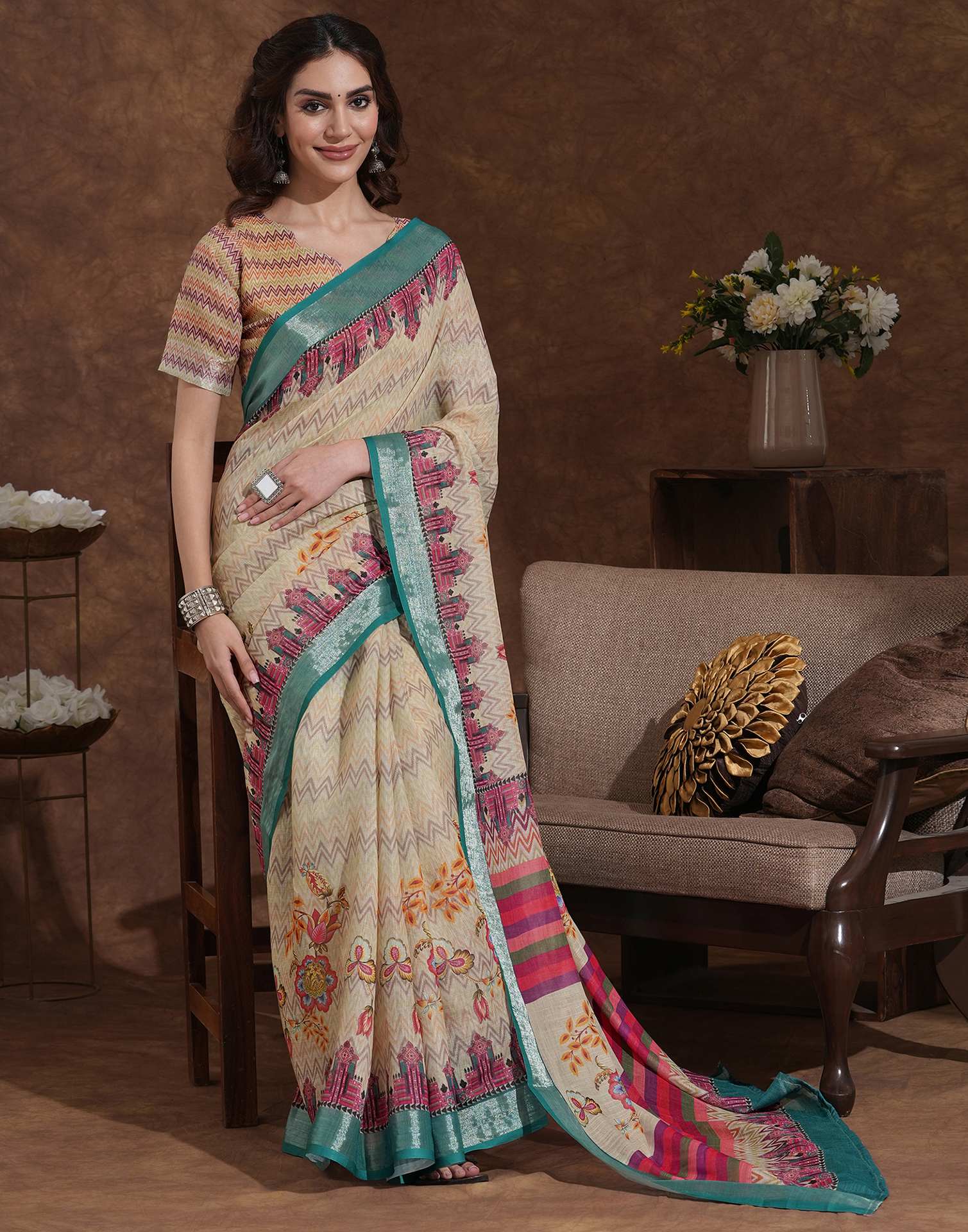 Dusty Beige Linen Woven Printed Saree - Image 5