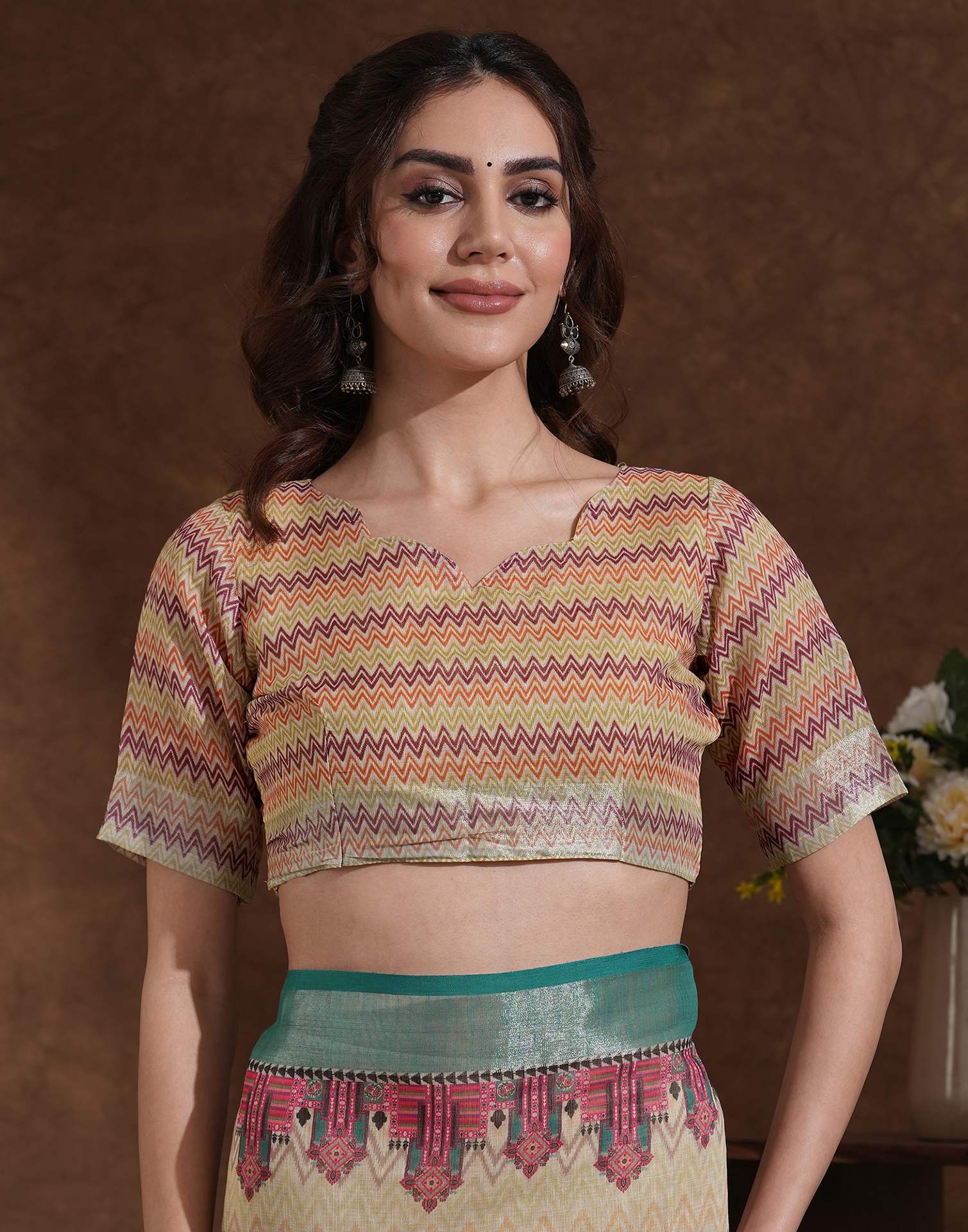 Dusty Beige Linen Woven Printed Saree - Image 7