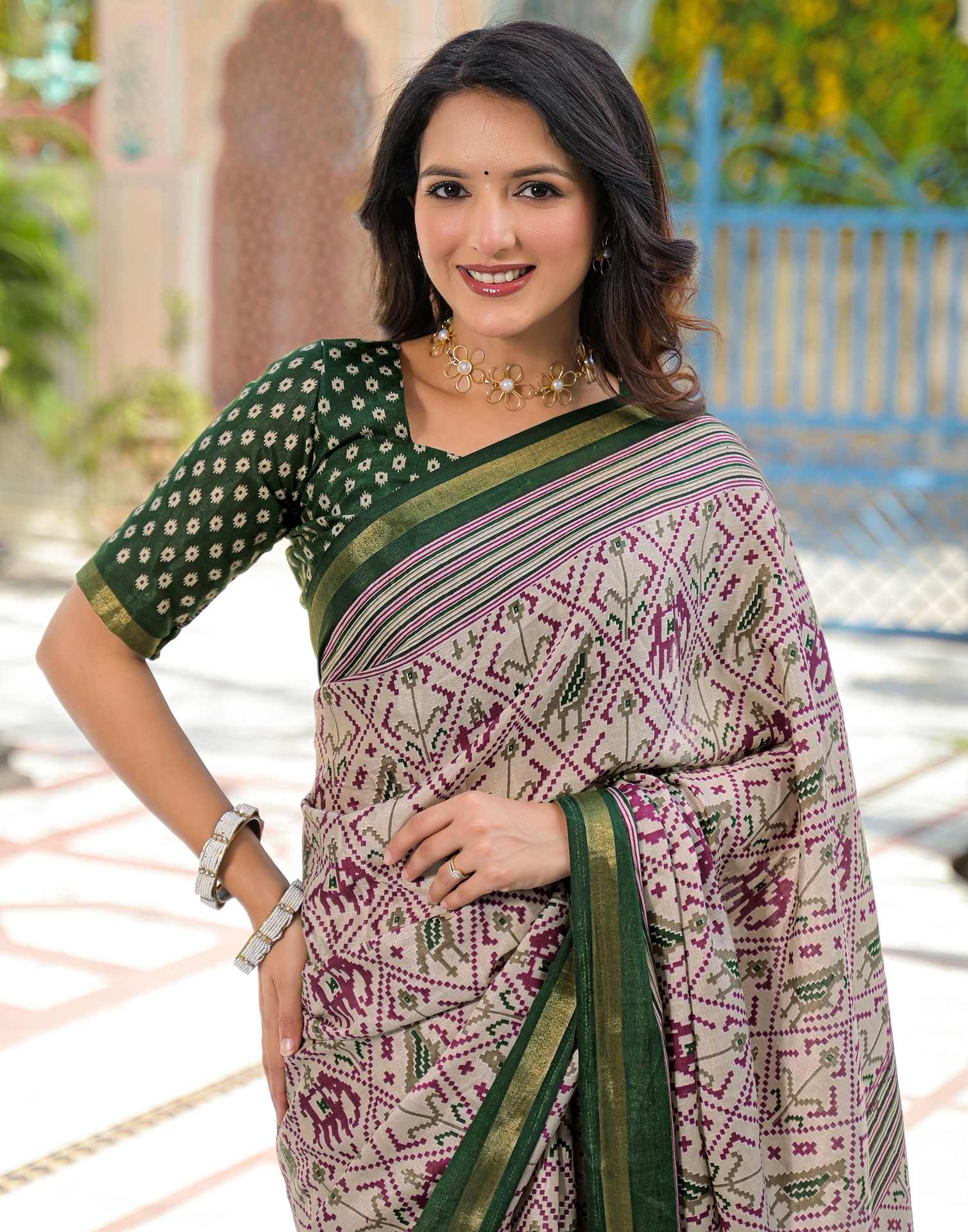 Dusty Beige Silk Ikkat Printed Saree - Image 2