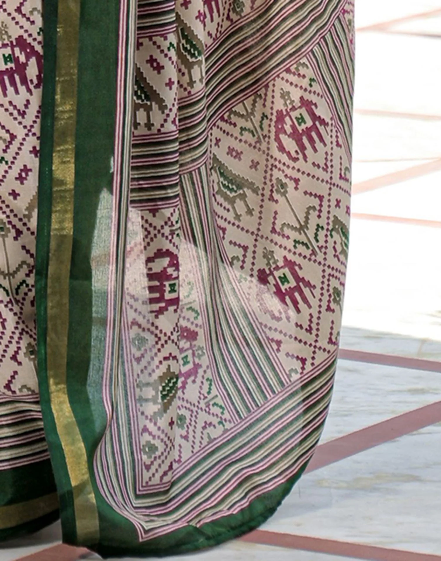 Dusty Beige Silk Ikkat Printed Saree - Image 8