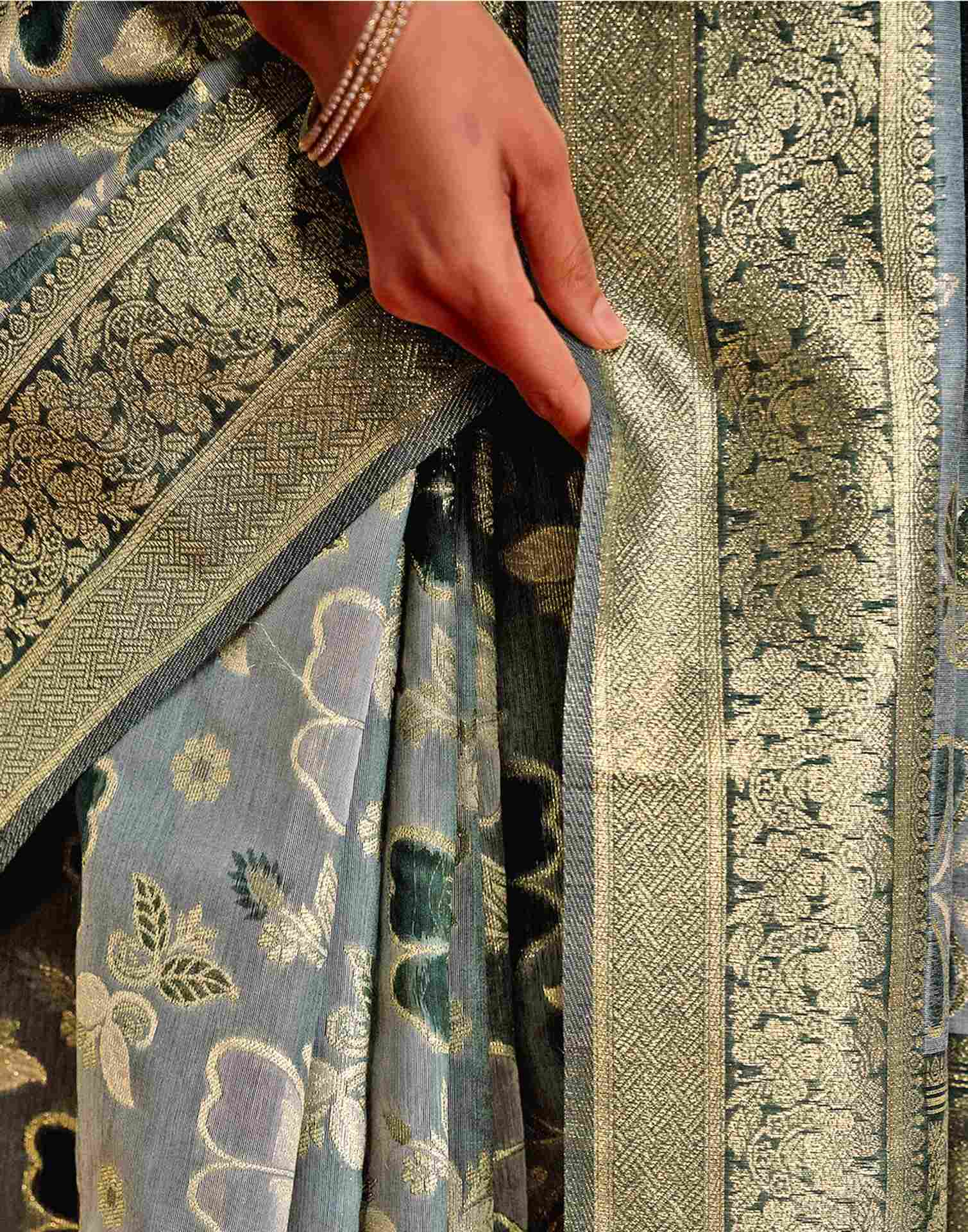 Dusty Blue Chanderi Cotton Woven Banarasi Saree - Image 11