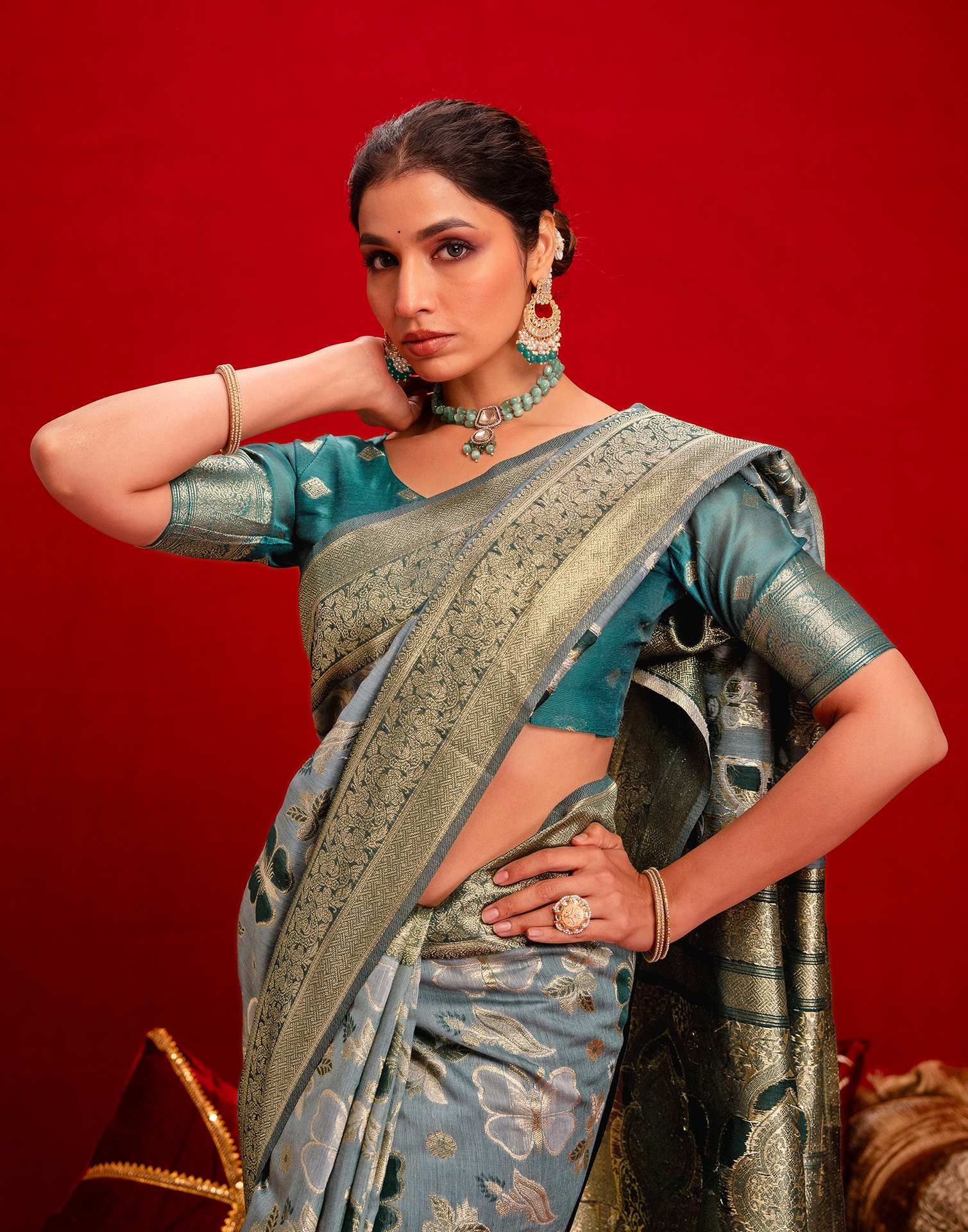 Dusty Blue Chanderi Cotton Woven Banarasi Saree - Image 4