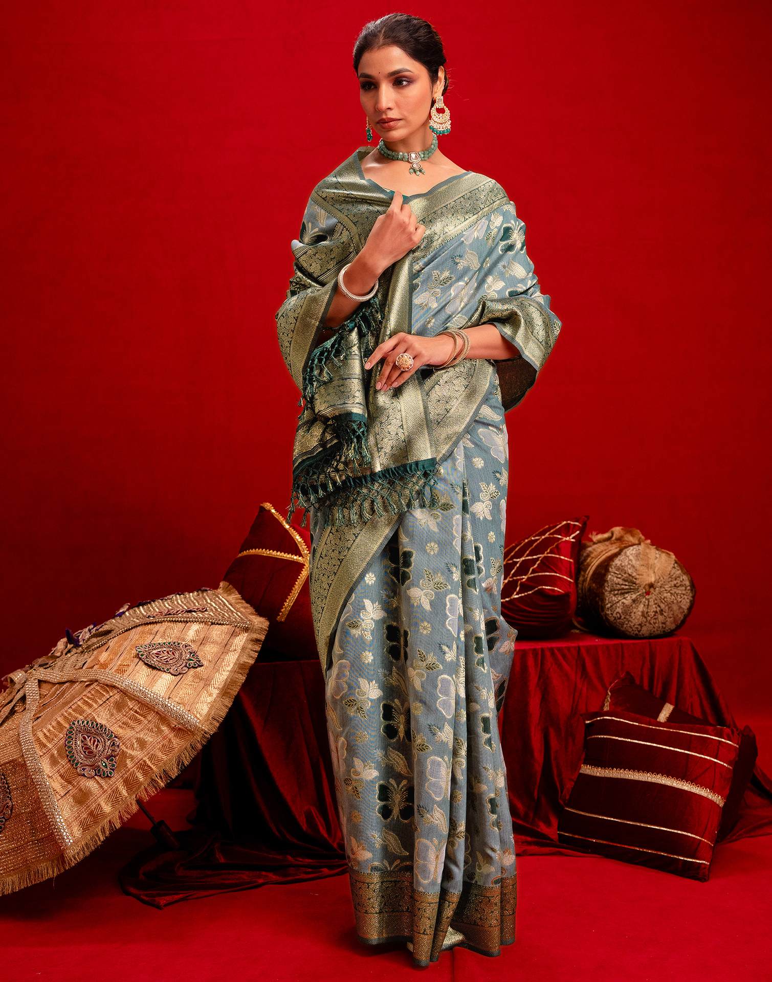 Dusty Blue Chanderi Cotton Woven Banarasi Saree - Image 6