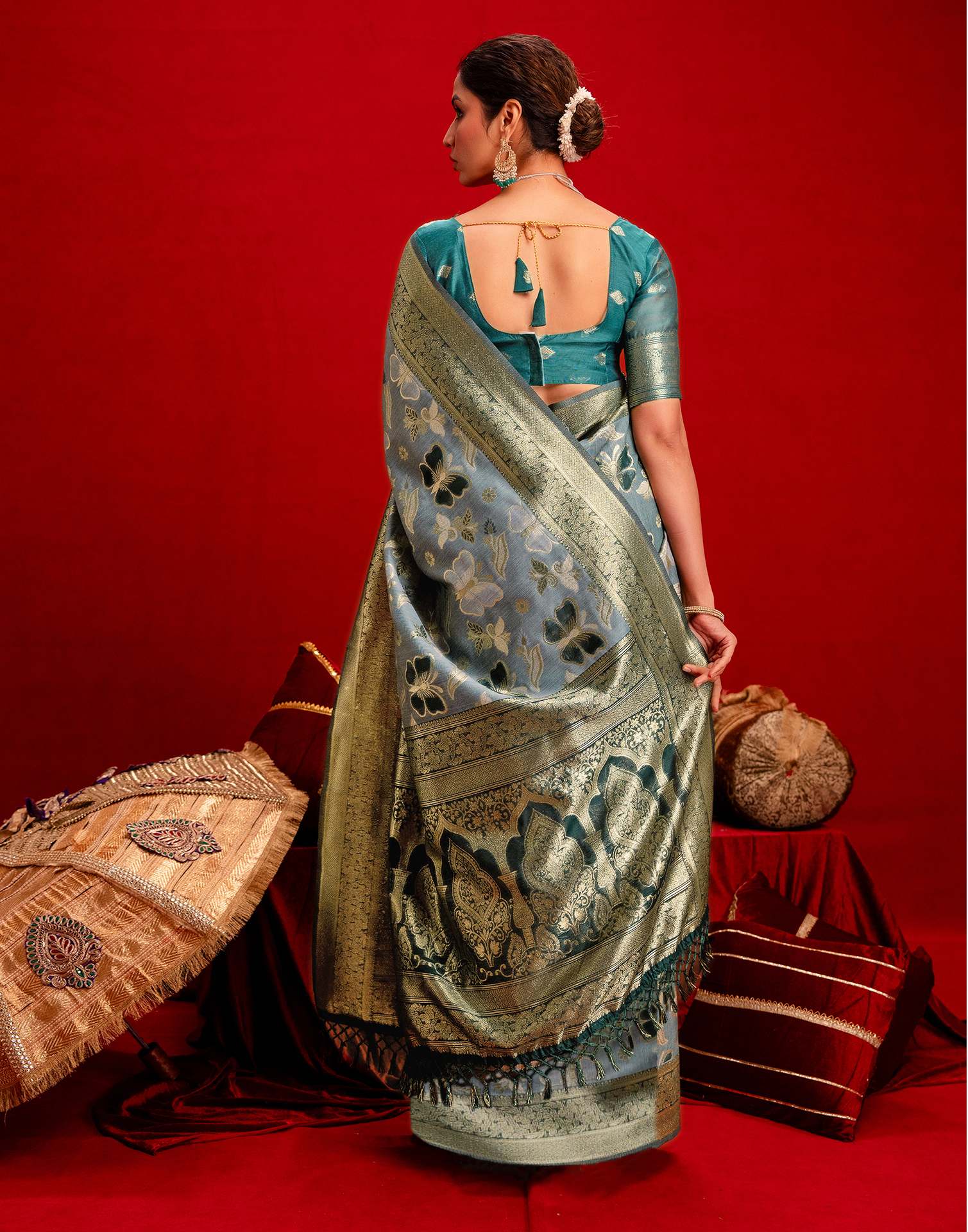 Dusty Blue Chanderi Cotton Woven Banarasi Saree - Image 7