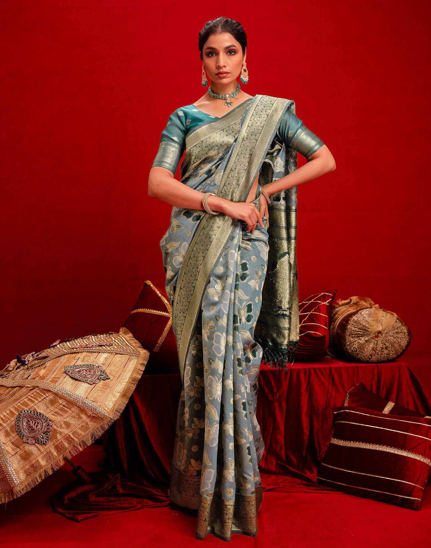 Dusty Blue Chanderi Cotton Woven Banarasi Saree - Image 8