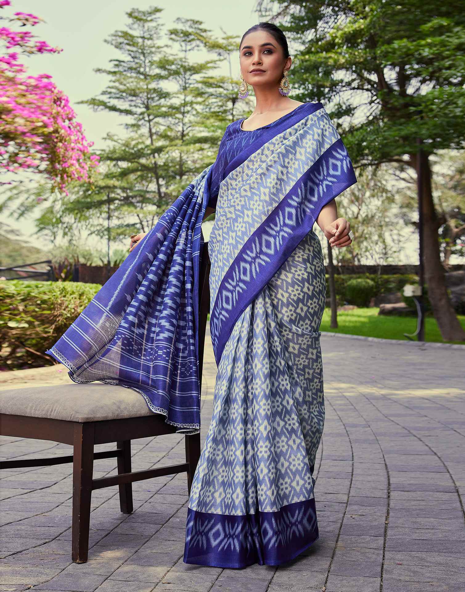 Dusty Blue Cotton Blend Ikkat Printed Saree - Image 7