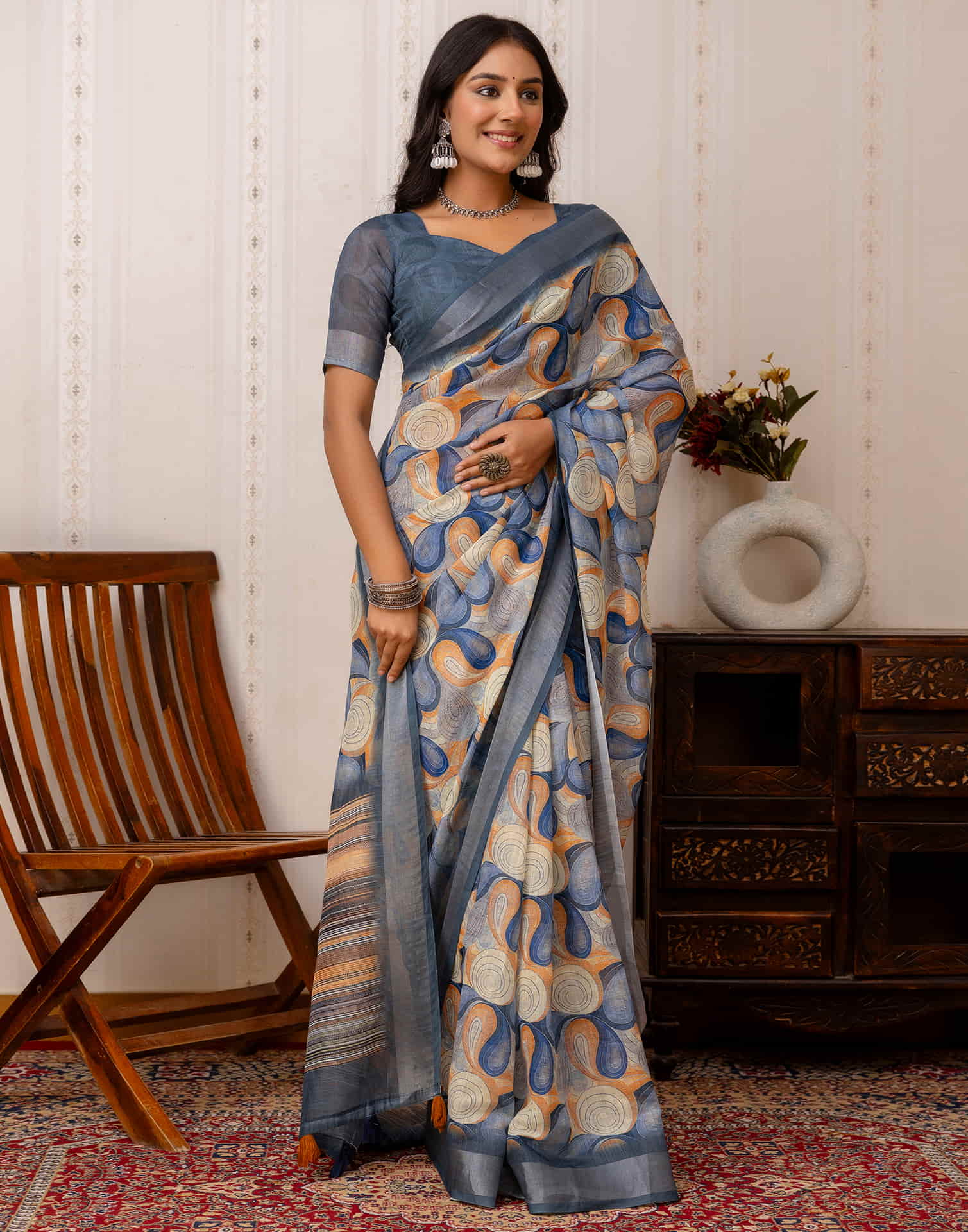 Dusty Blue Cotton Printed Saree - Image 4