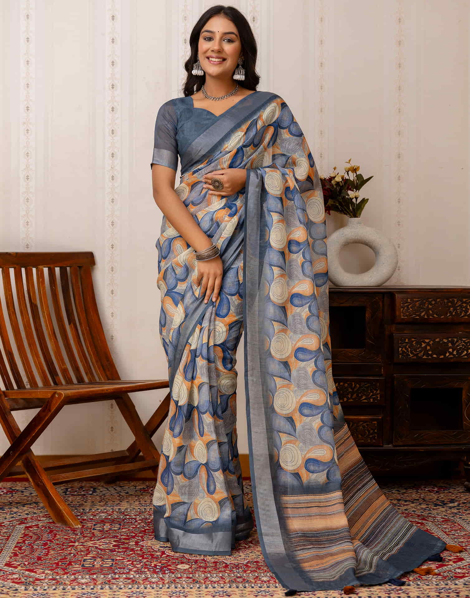 Dusty Blue Cotton Printed Saree - Image 5