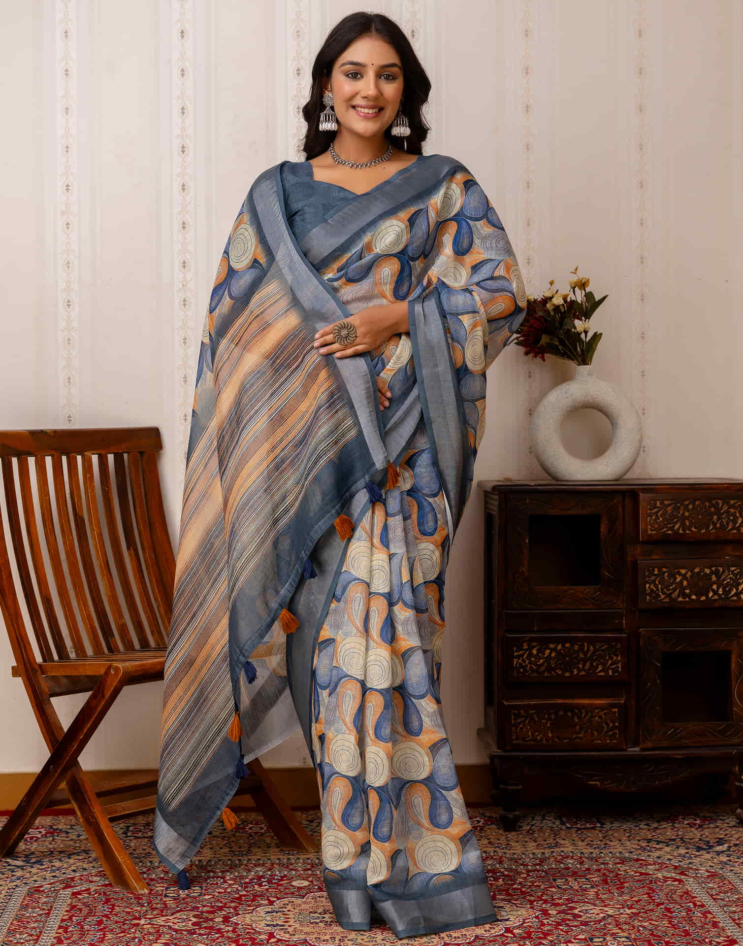 Dusty Blue Cotton Printed Saree - Image 7