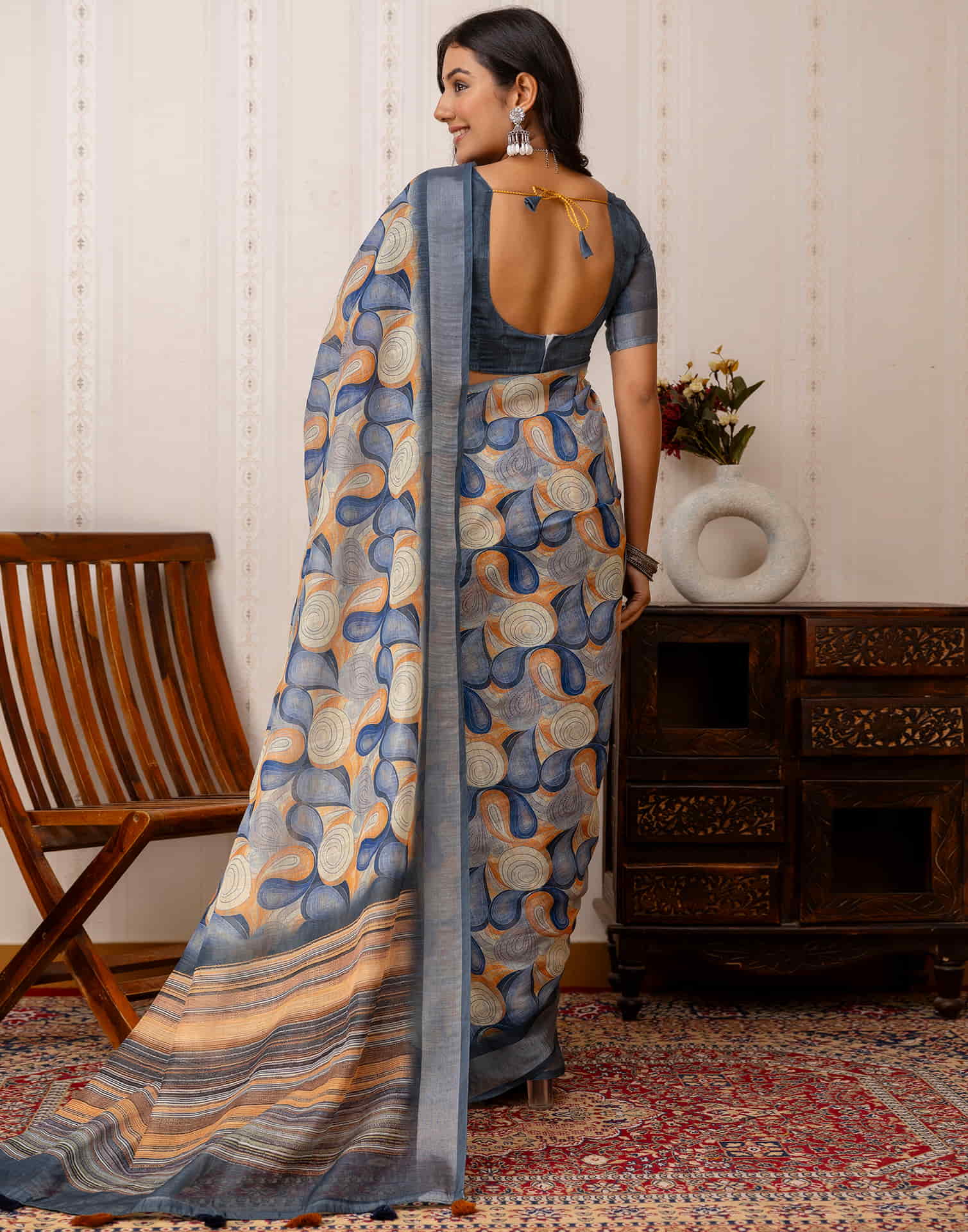 Dusty Blue Cotton Printed Saree - Image 8