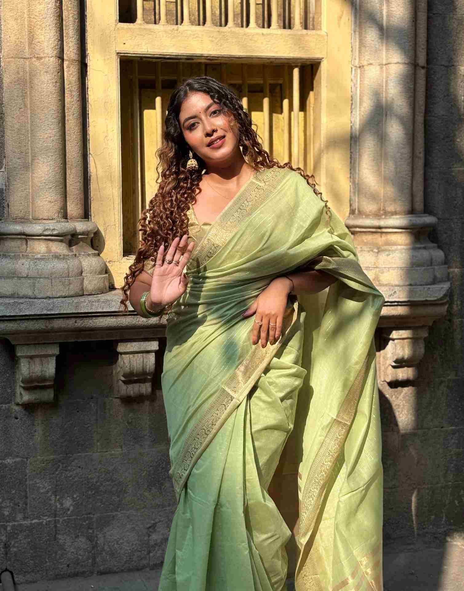Light Green Cotton Woven Zari Stripe Saree - Image 3