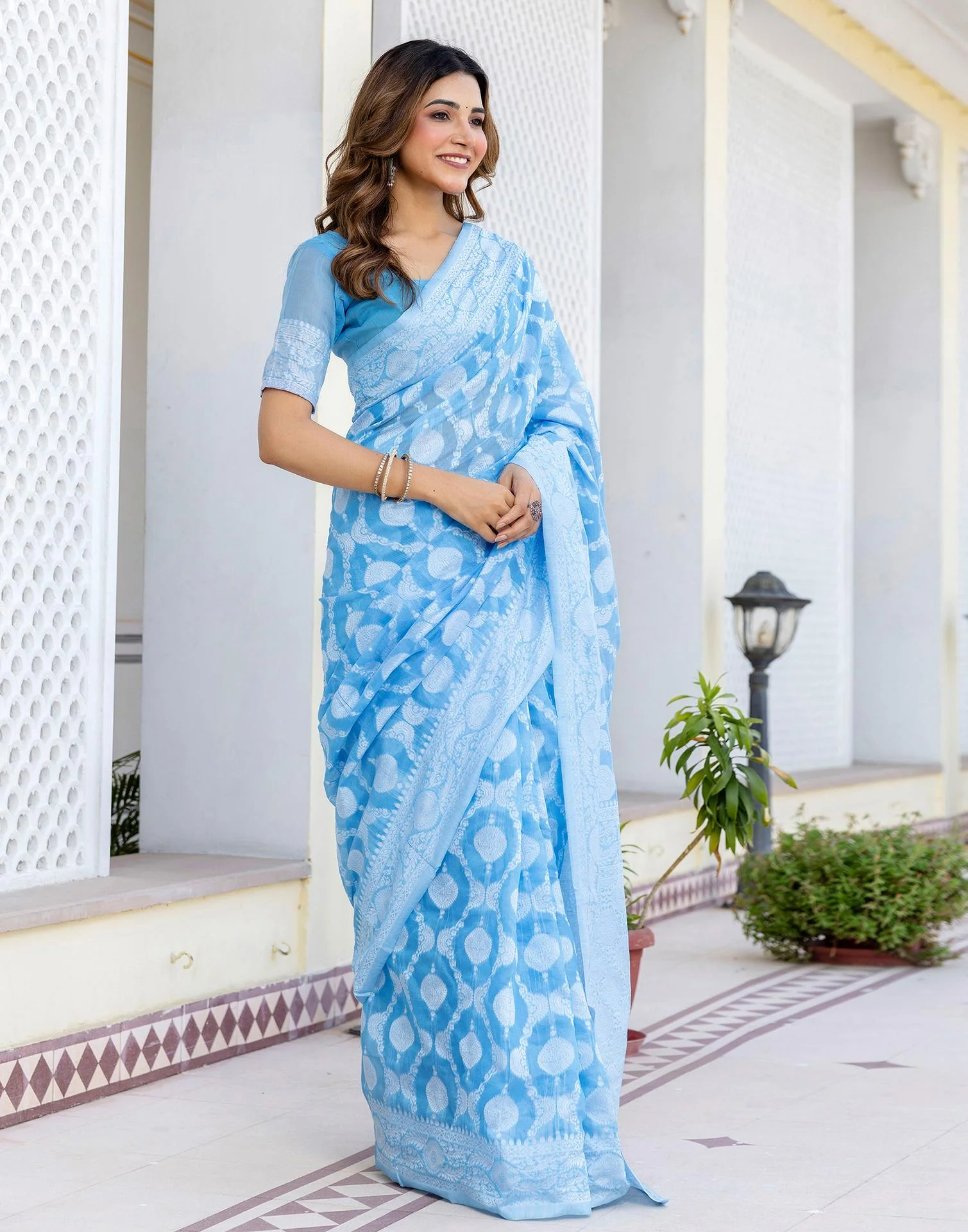Dusty Blue Cotton Woven Saree - Image 8