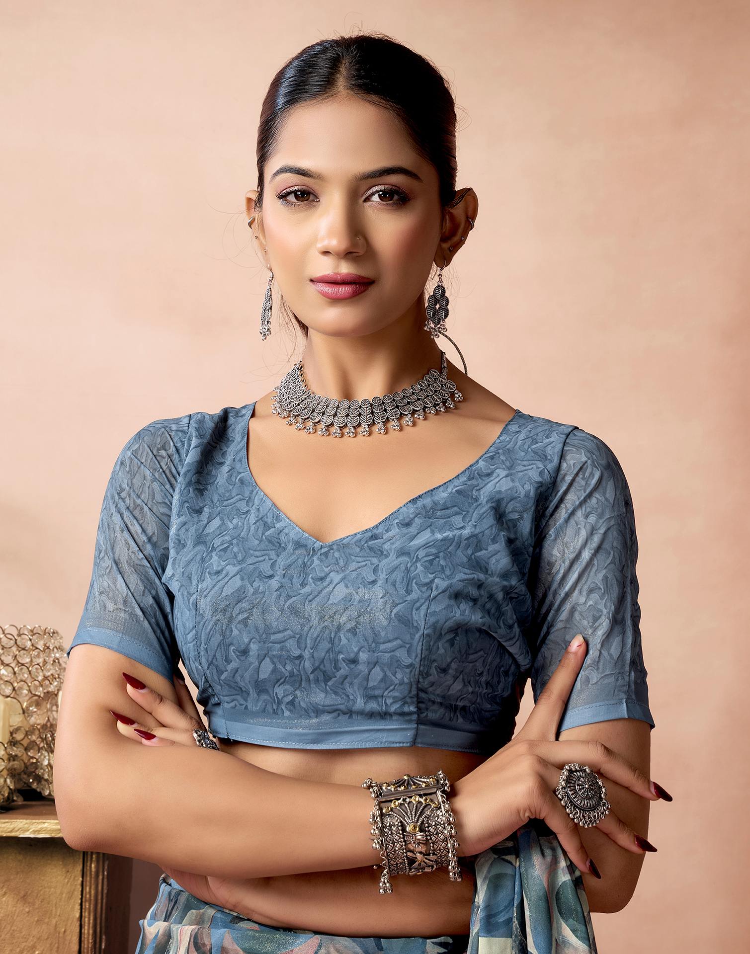 Dusty Blue Georgette Printed Saree - Image 7