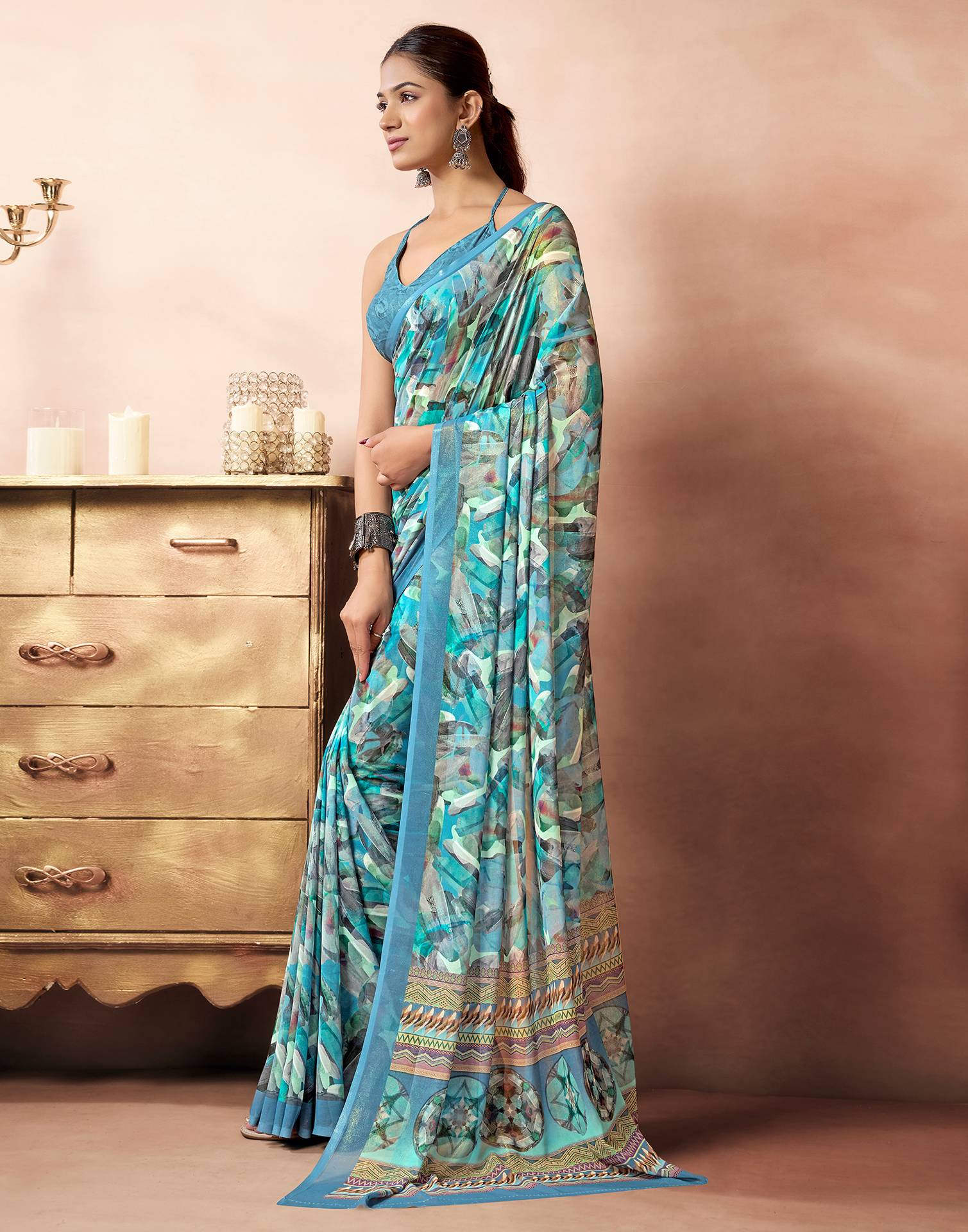 Dusty Blue Georgette Printed Saree - Image 4
