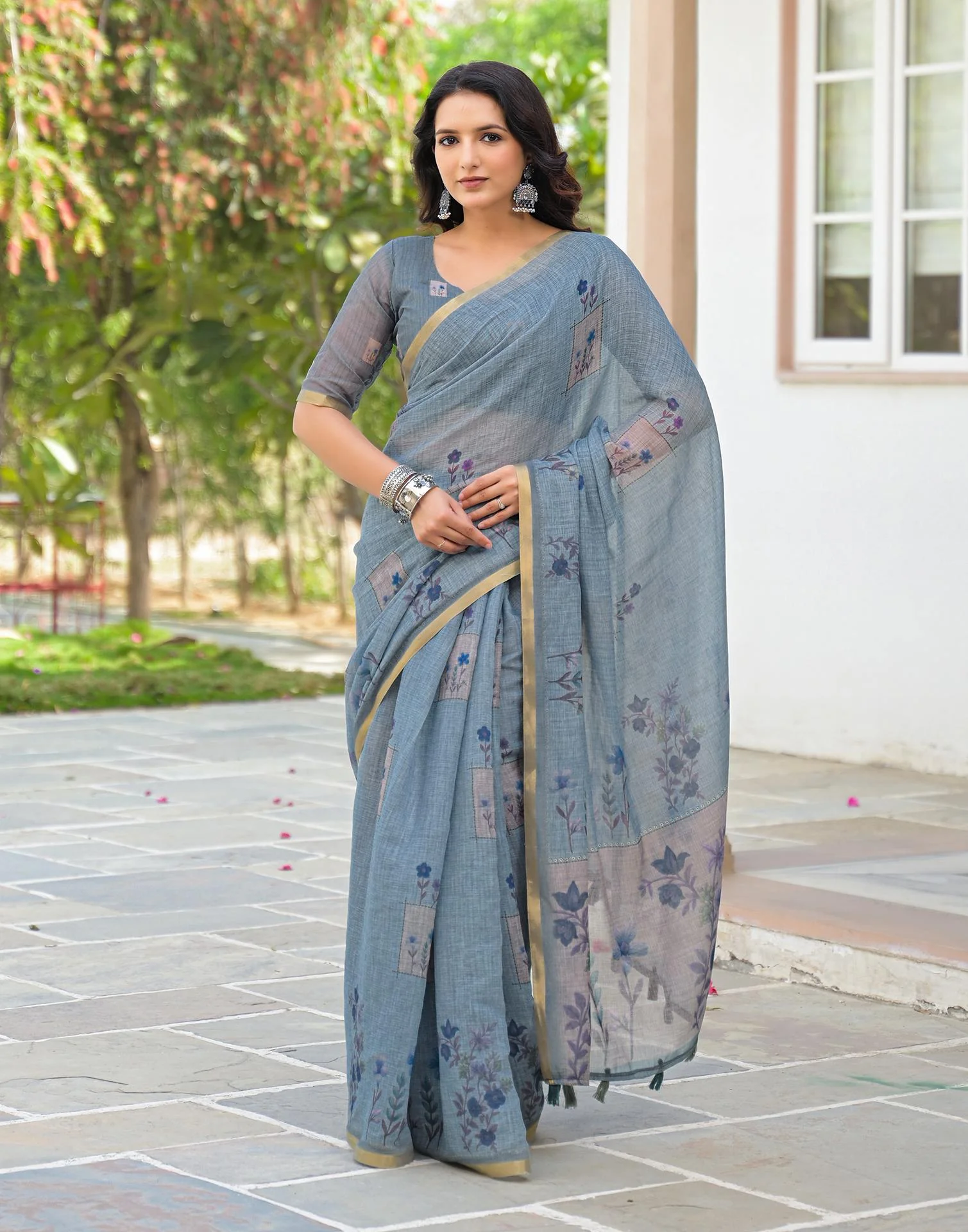 Dusty Blue Linen Floral Printed Saree