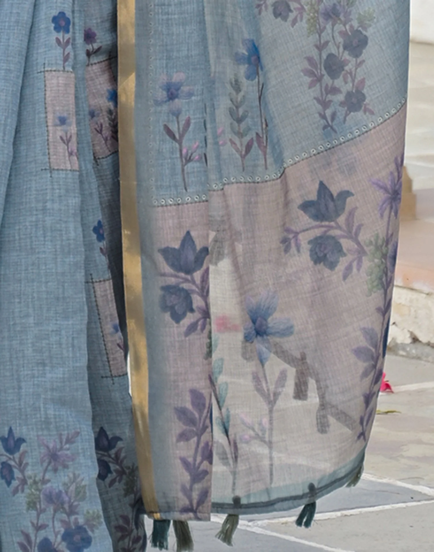 Dusty Blue Linen Floral Printed Saree - Image 10