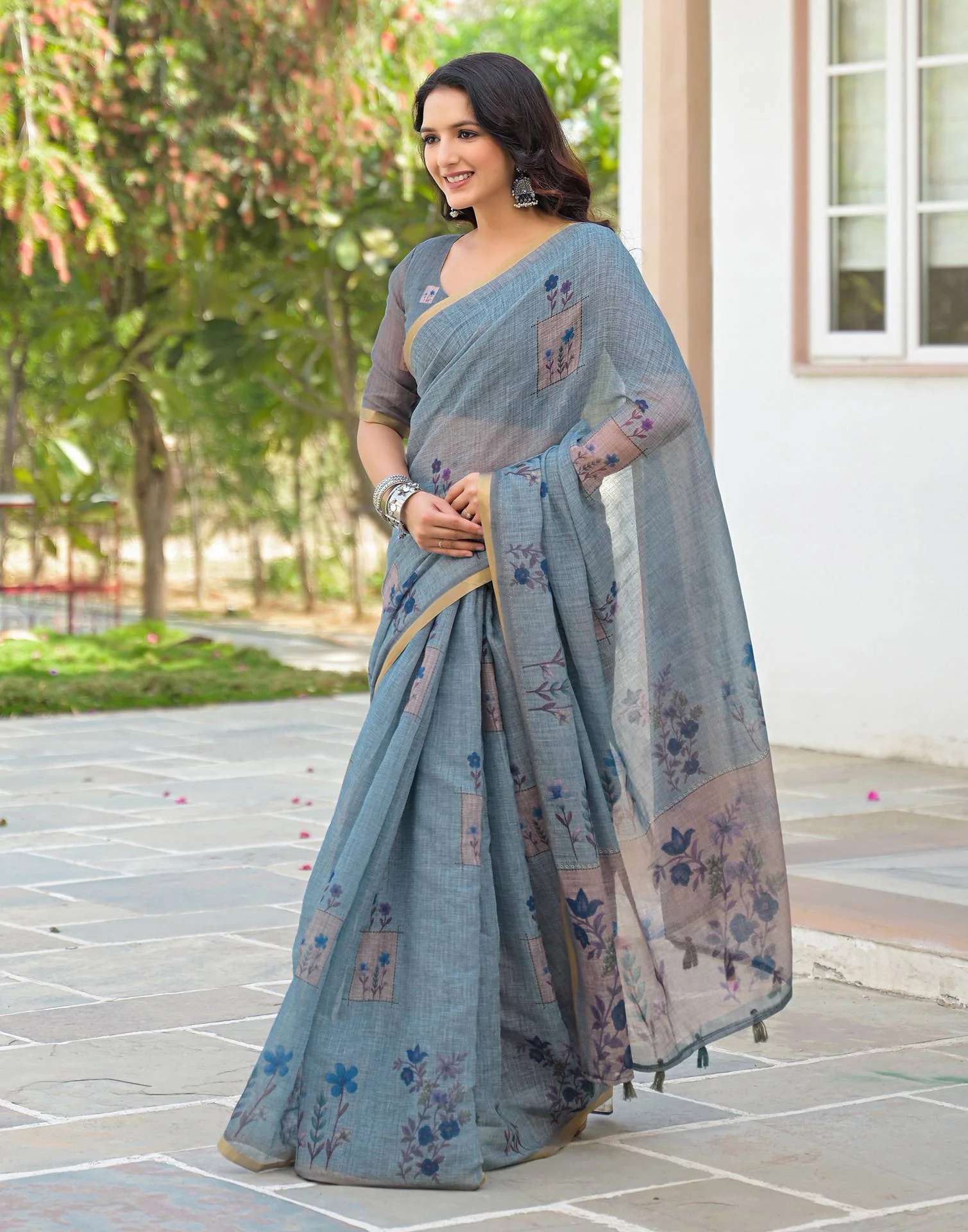 Dusty Blue Linen Floral Printed Saree - Image 4
