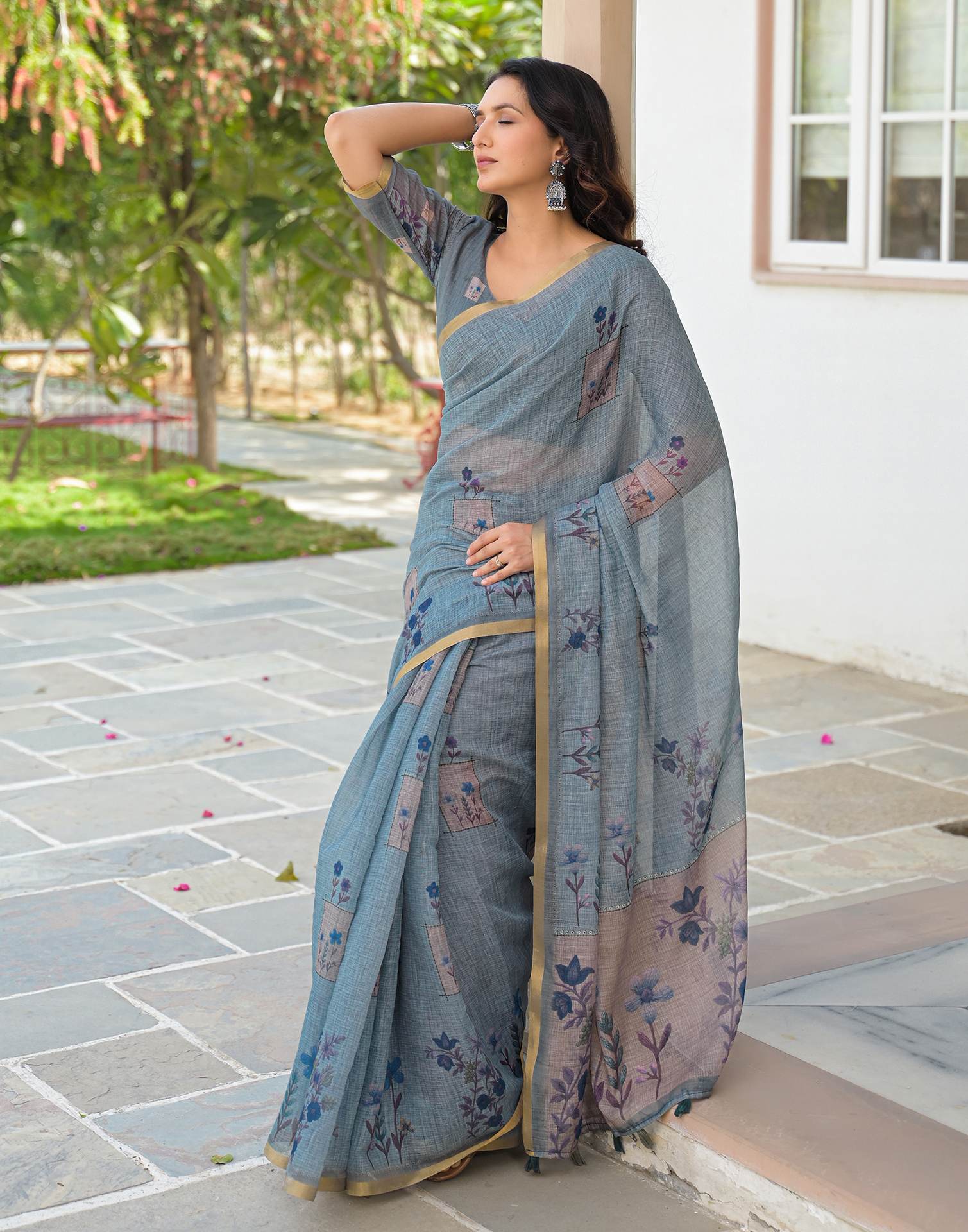 Dusty Blue Linen Floral Printed Saree - Image 5