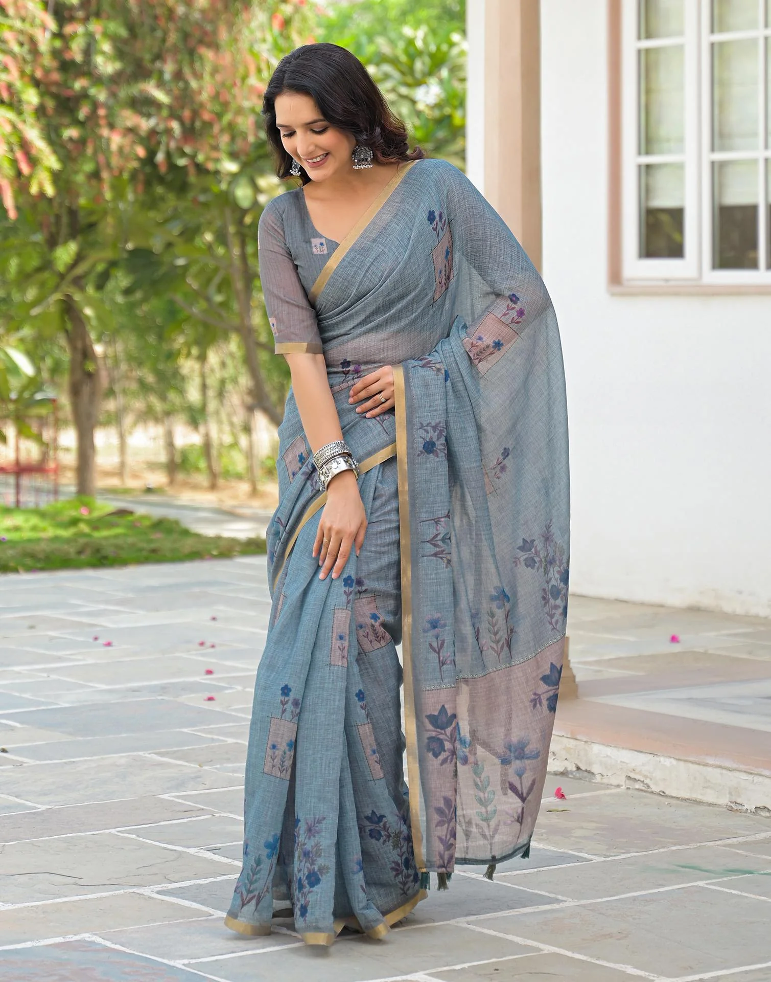 Dusty Blue Linen Floral Printed Saree - Image 7