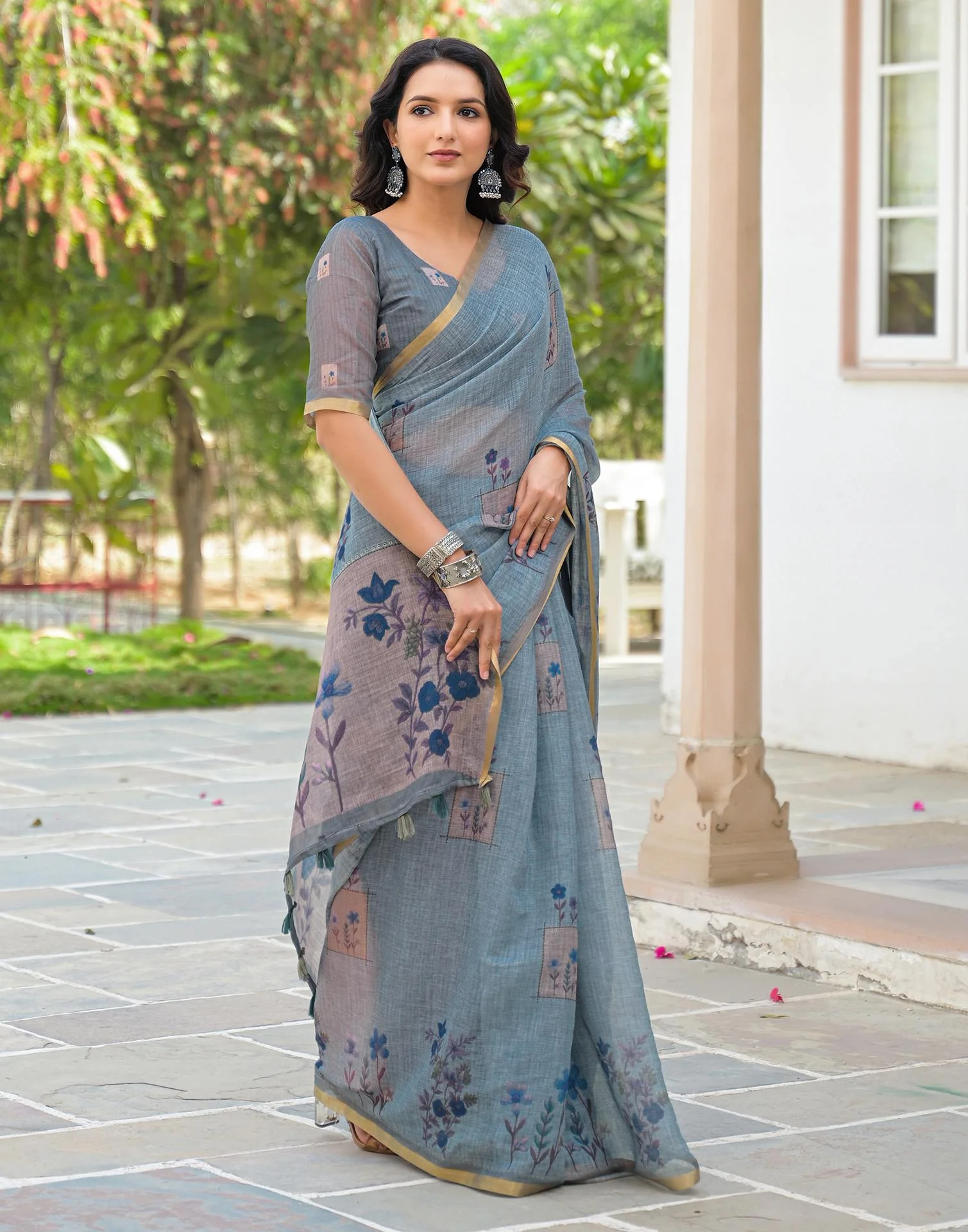 Dusty Blue Linen Floral Printed Saree - Image 8