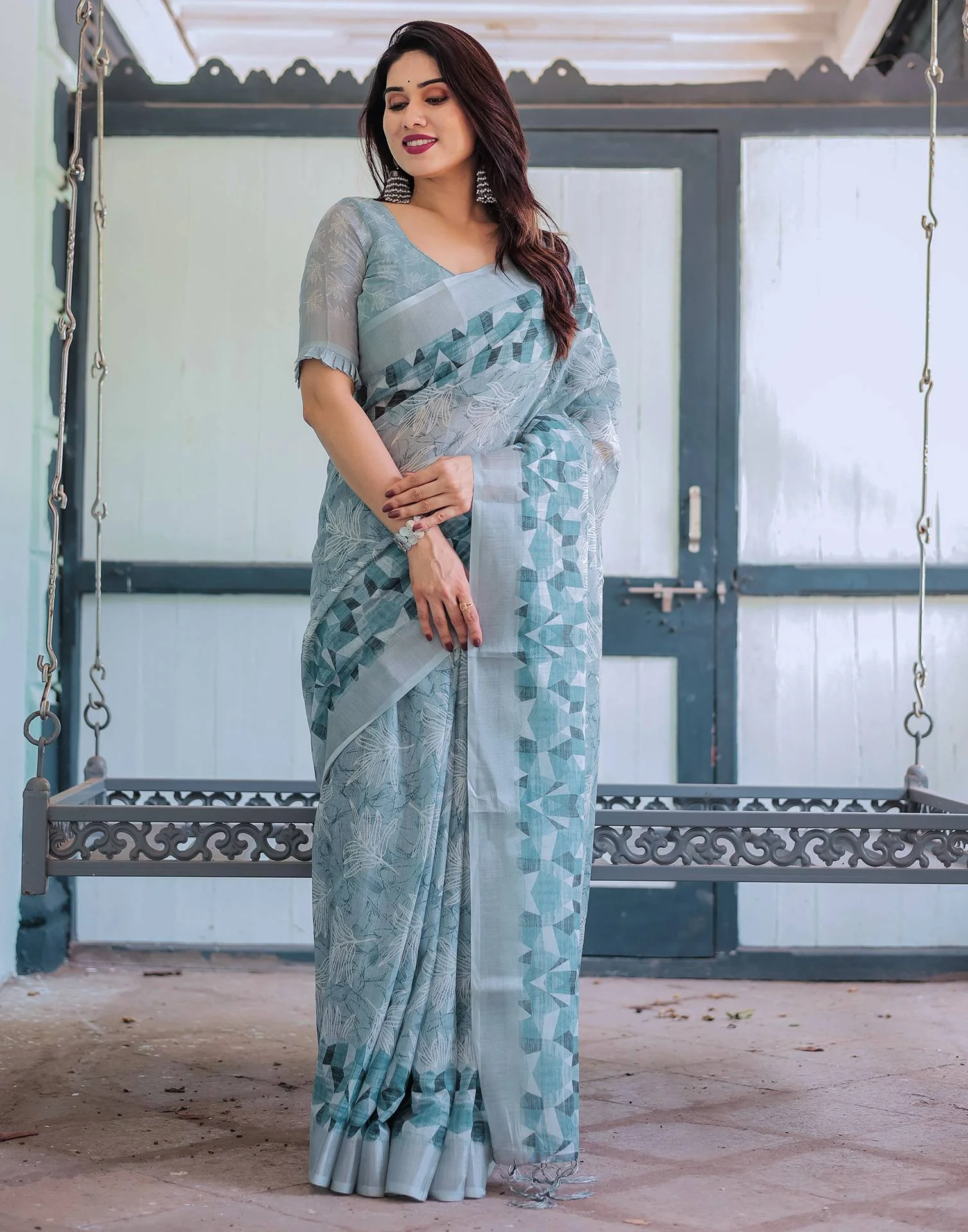 Dusty Blue Linen Printed Saree - Image 4