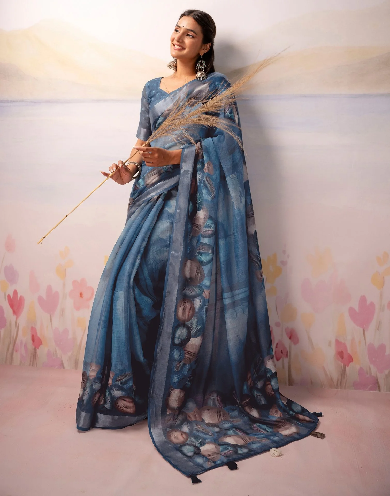 Dusty Blue Linen Printed Zari Border Saree - Image 10