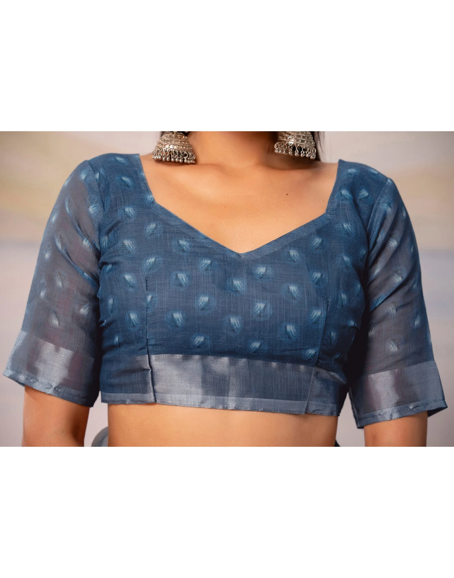 Dusty Blue Linen Printed Zari Border Saree - Image 15
