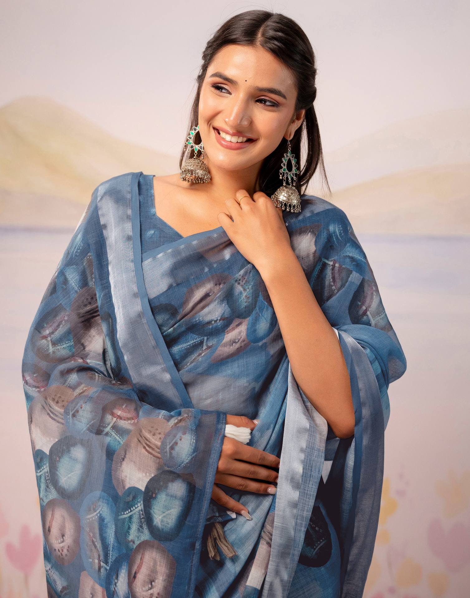 Dusty Blue Linen Printed Zari Border Saree - Image 2