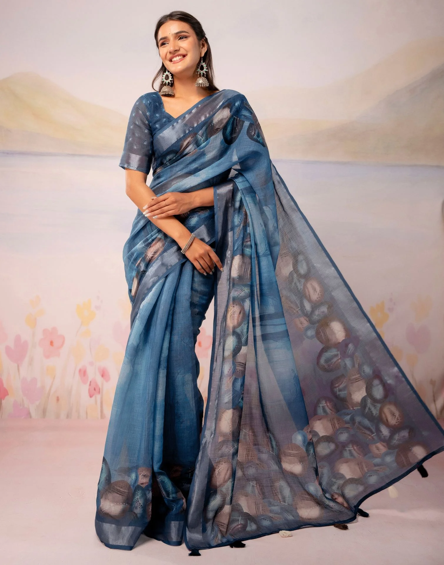 Dusty Blue Linen Printed Zari Border Saree - Image 5