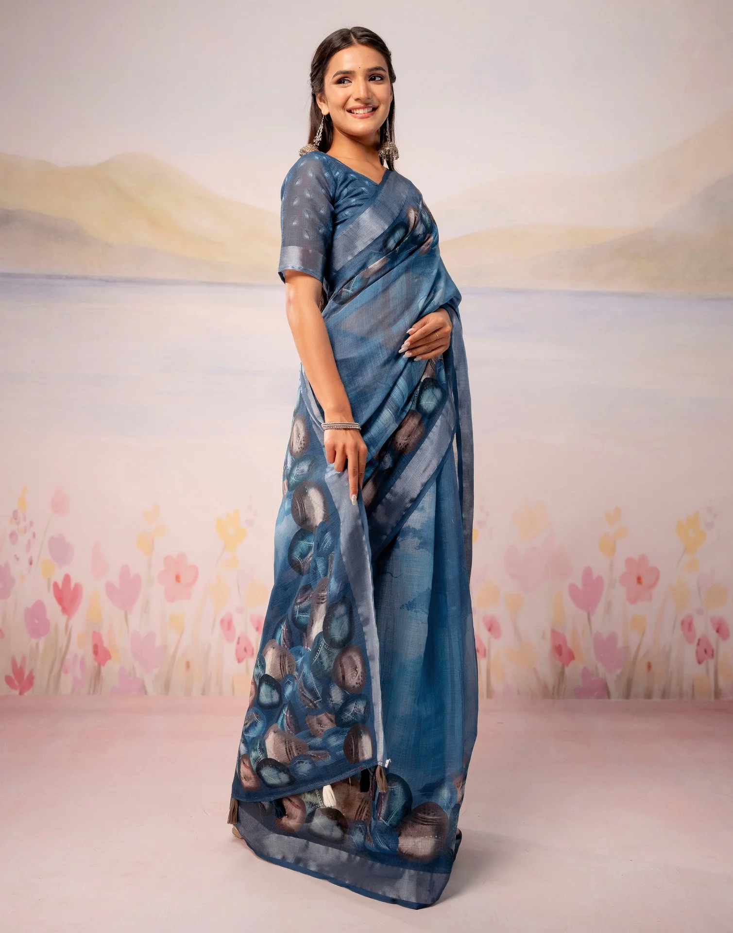 Dusty Blue Linen Printed Zari Border Saree - Image 6