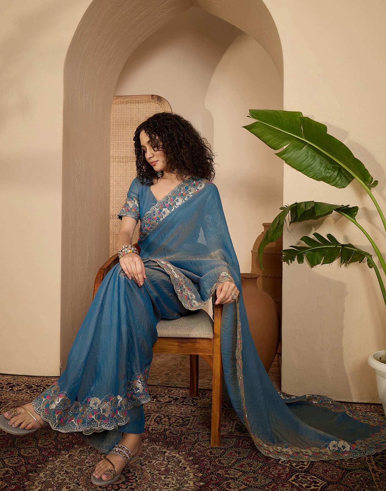 Dusty Blue Shimmer Sequence Embroidery Saree - Image 7