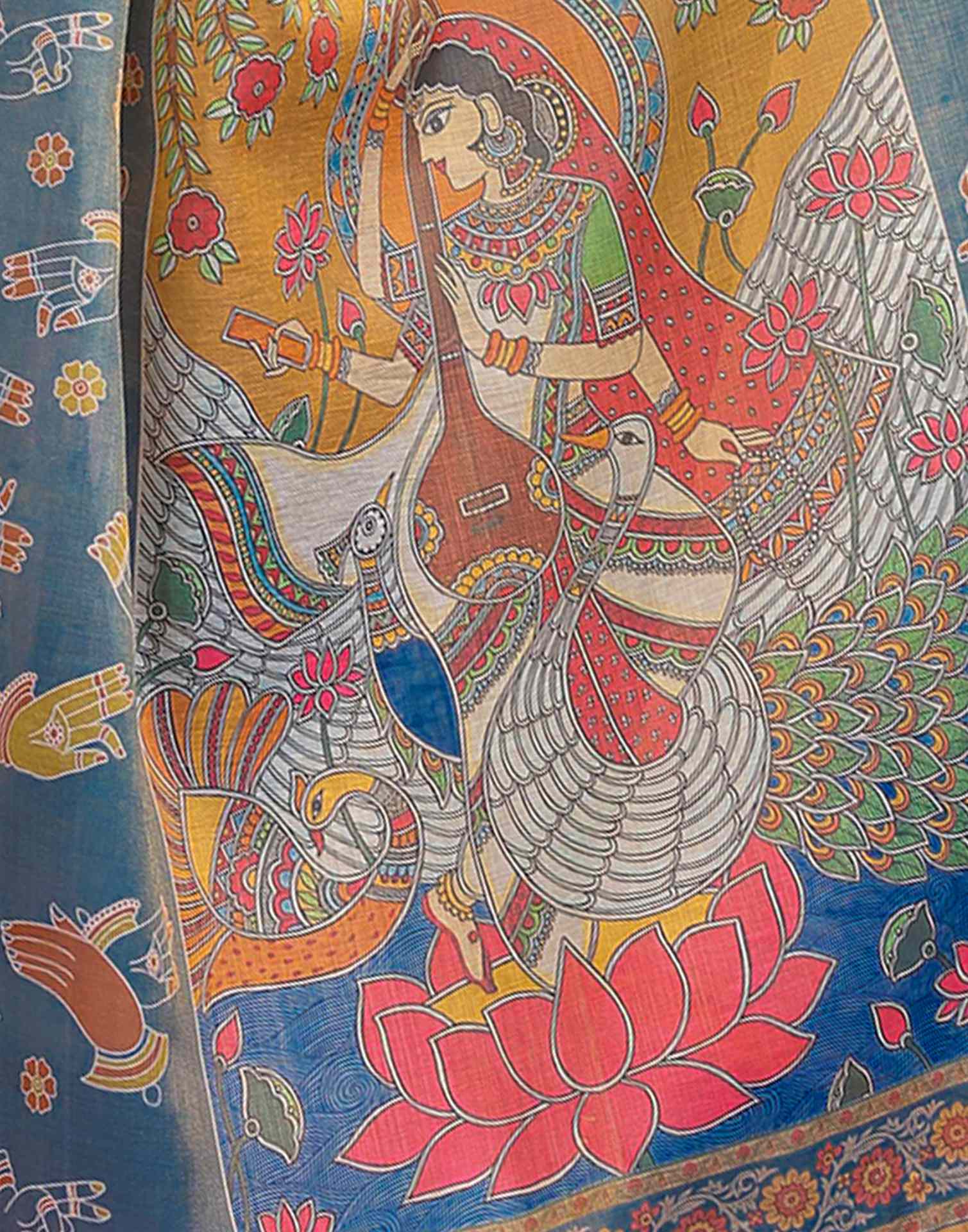 Dusty Blue Shimmer Silk Printed Kalamkari Saree - Image 11