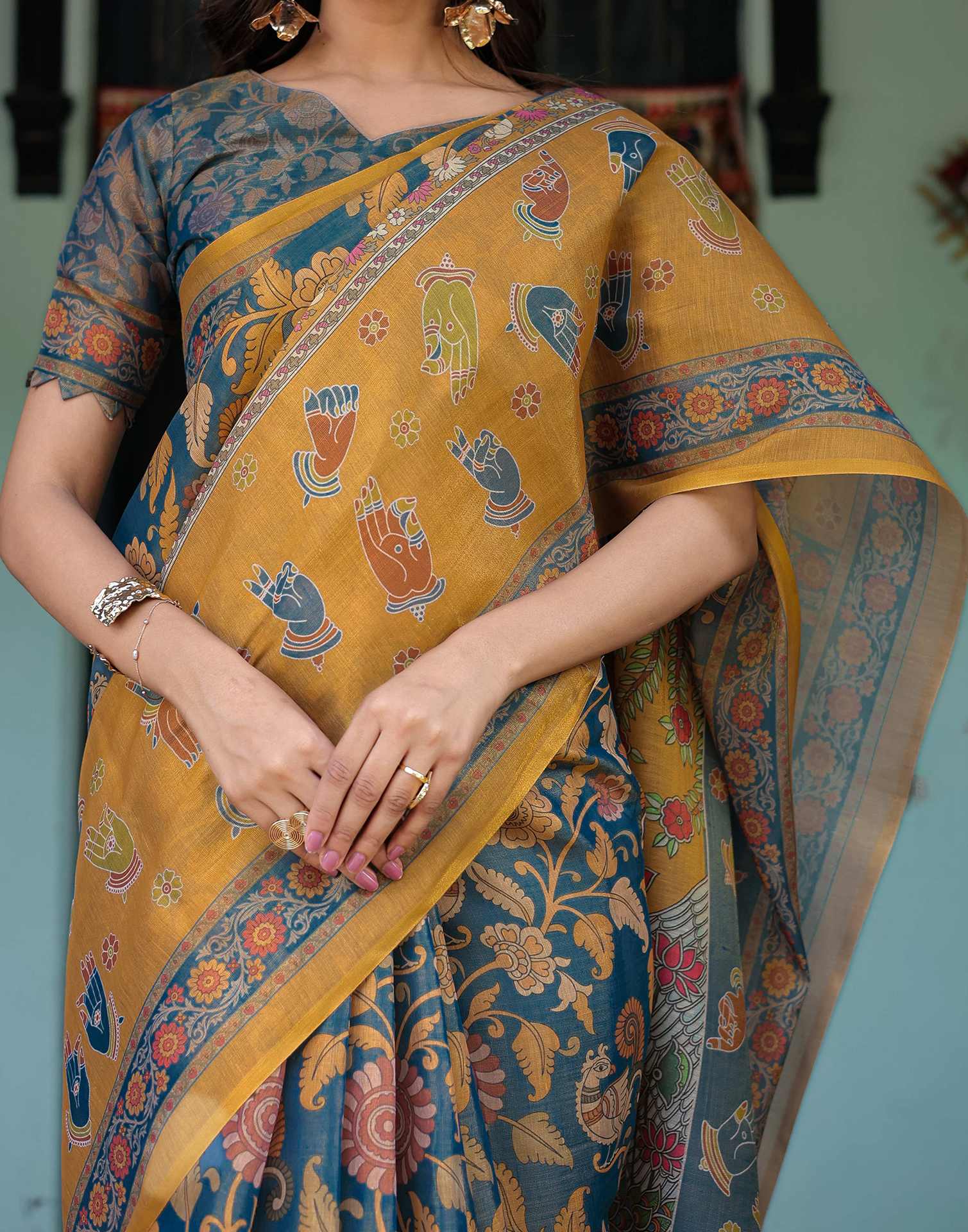 Dusty Blue Shimmer Silk Printed Kalamkari Saree - Image 12