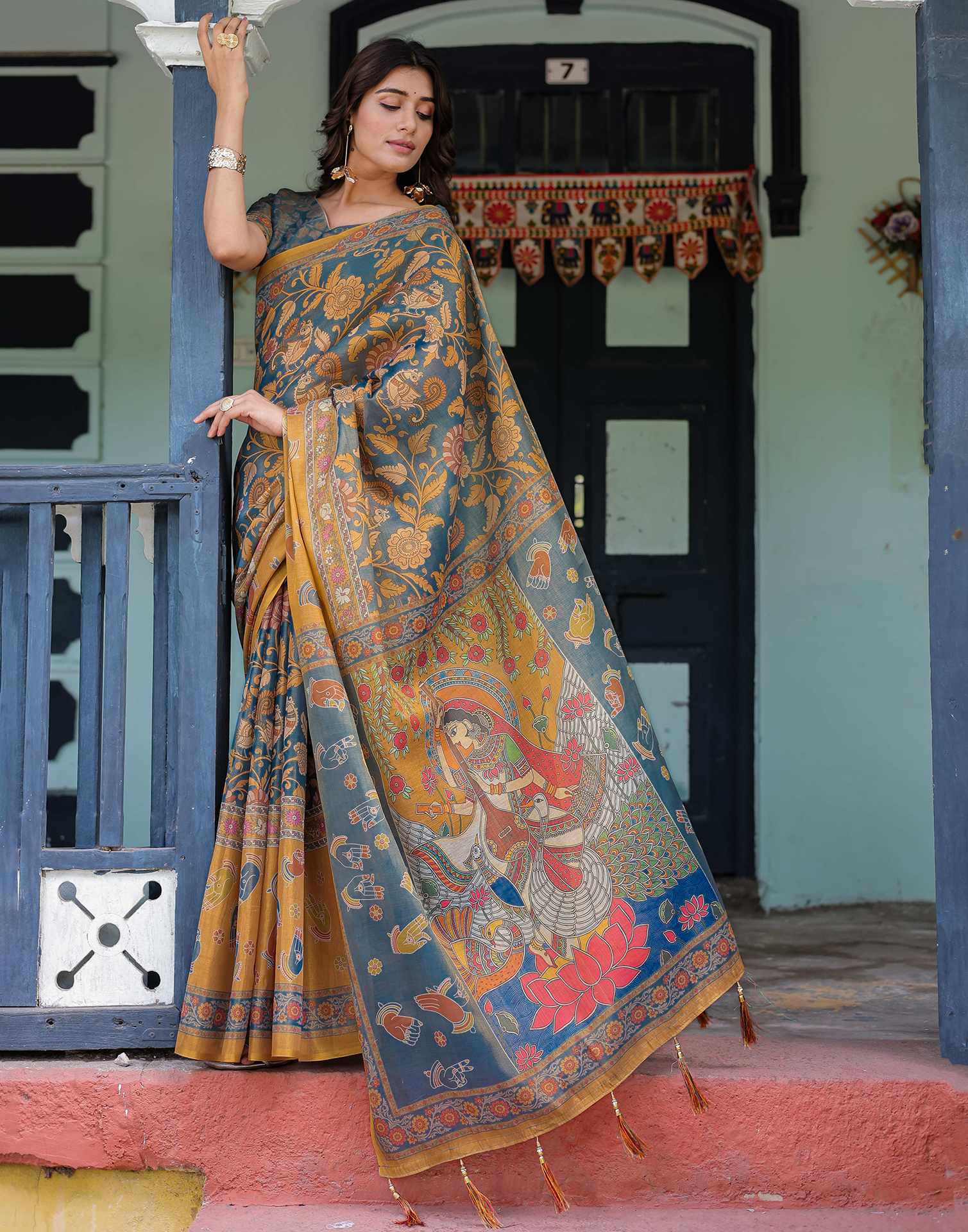 Dusty Blue Shimmer Silk Printed Kalamkari Saree - Image 8