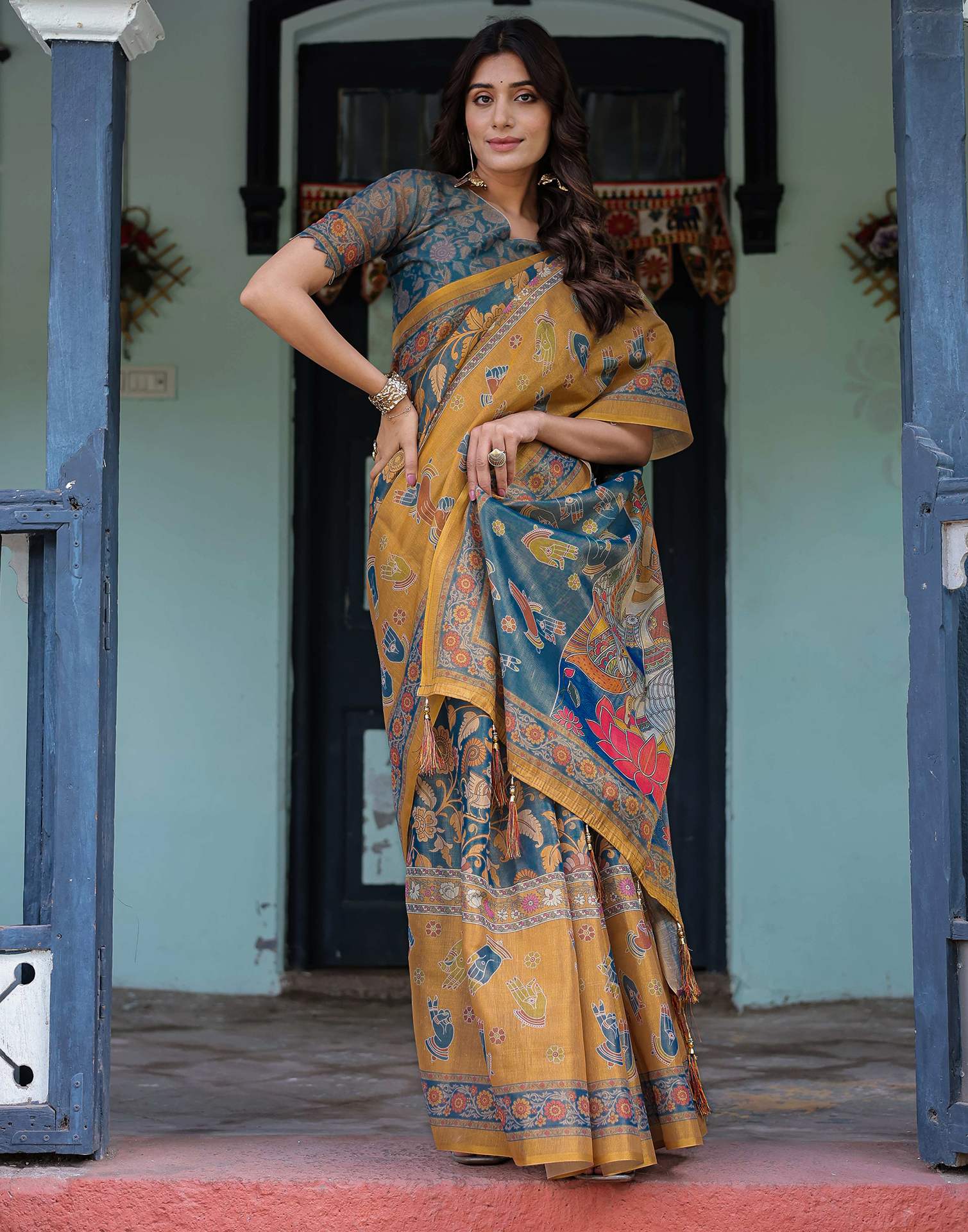 Dusty Blue Shimmer Silk Printed Kalamkari Saree - Image 9