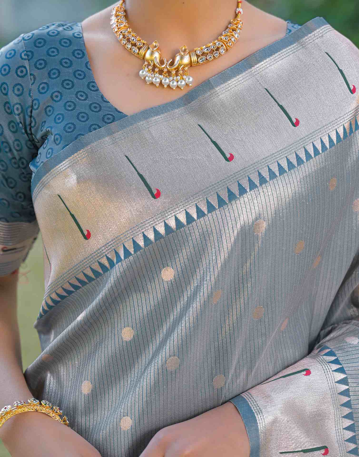 Dusty Blue Silk Woven Paithani Saree - Image 10