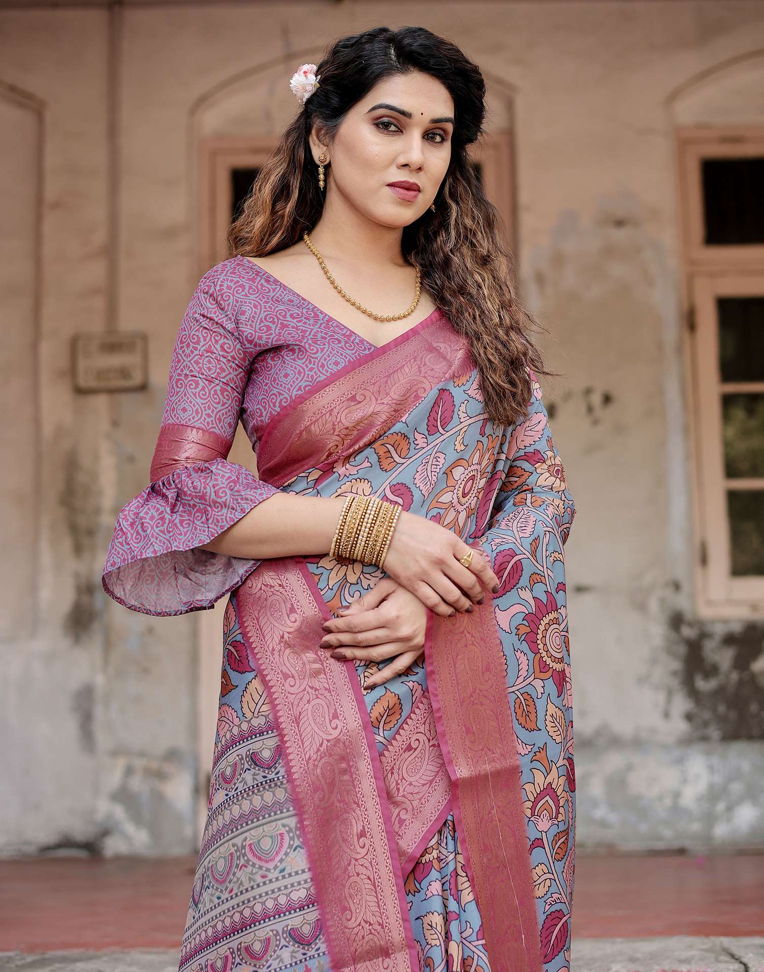 Dusty Blue Tussar Silk Printed Kalamkari Saree - Image 2