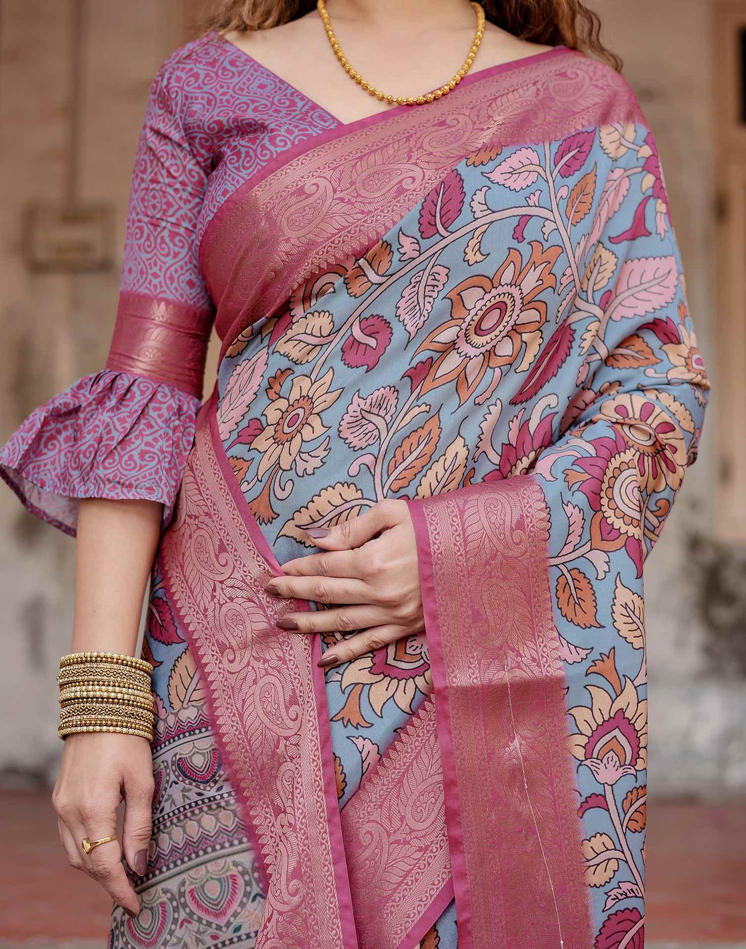 Dusty Blue Tussar Silk Printed Kalamkari Saree - Image 6
