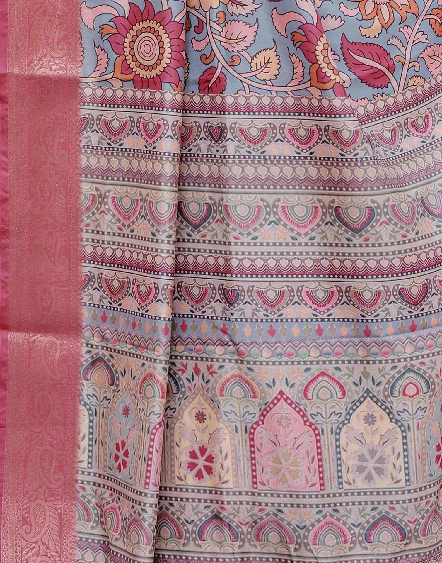 Dusty Blue Tussar Silk Printed Kalamkari Saree - Image 7