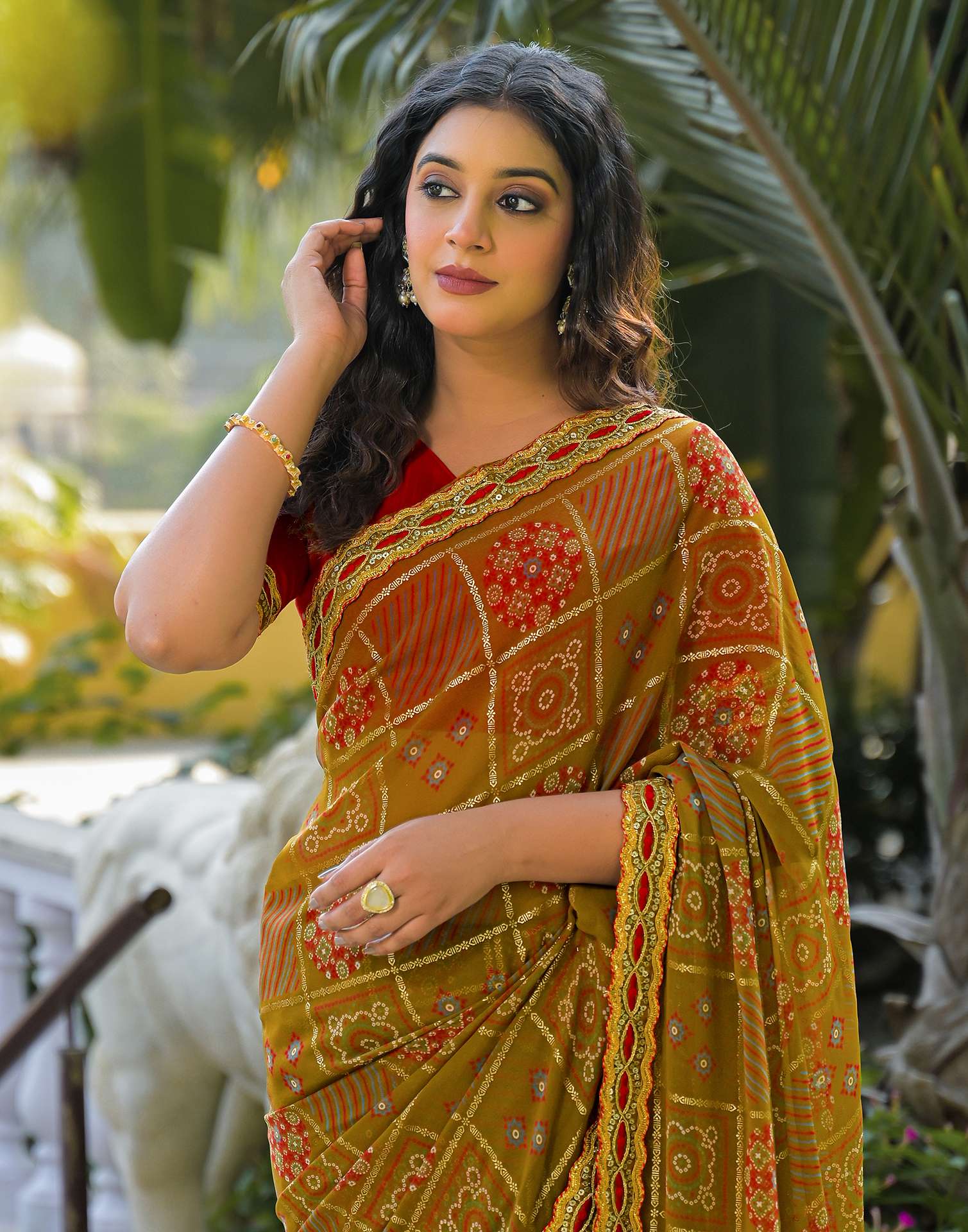 Dusty Brown Georgette Bandhani Printed Lace Saree - Image 2