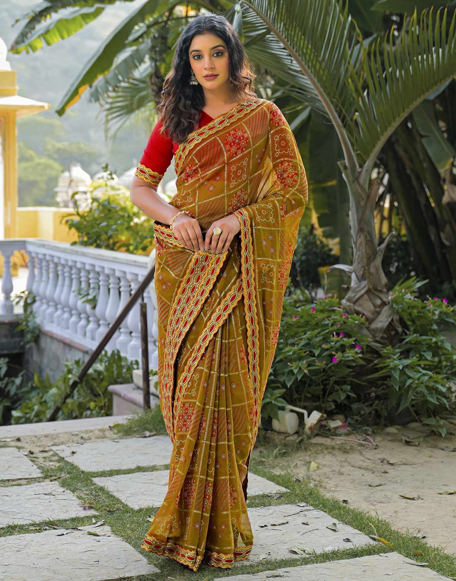 Dusty Brown Georgette Bandhani Printed Lace Saree - Image 5