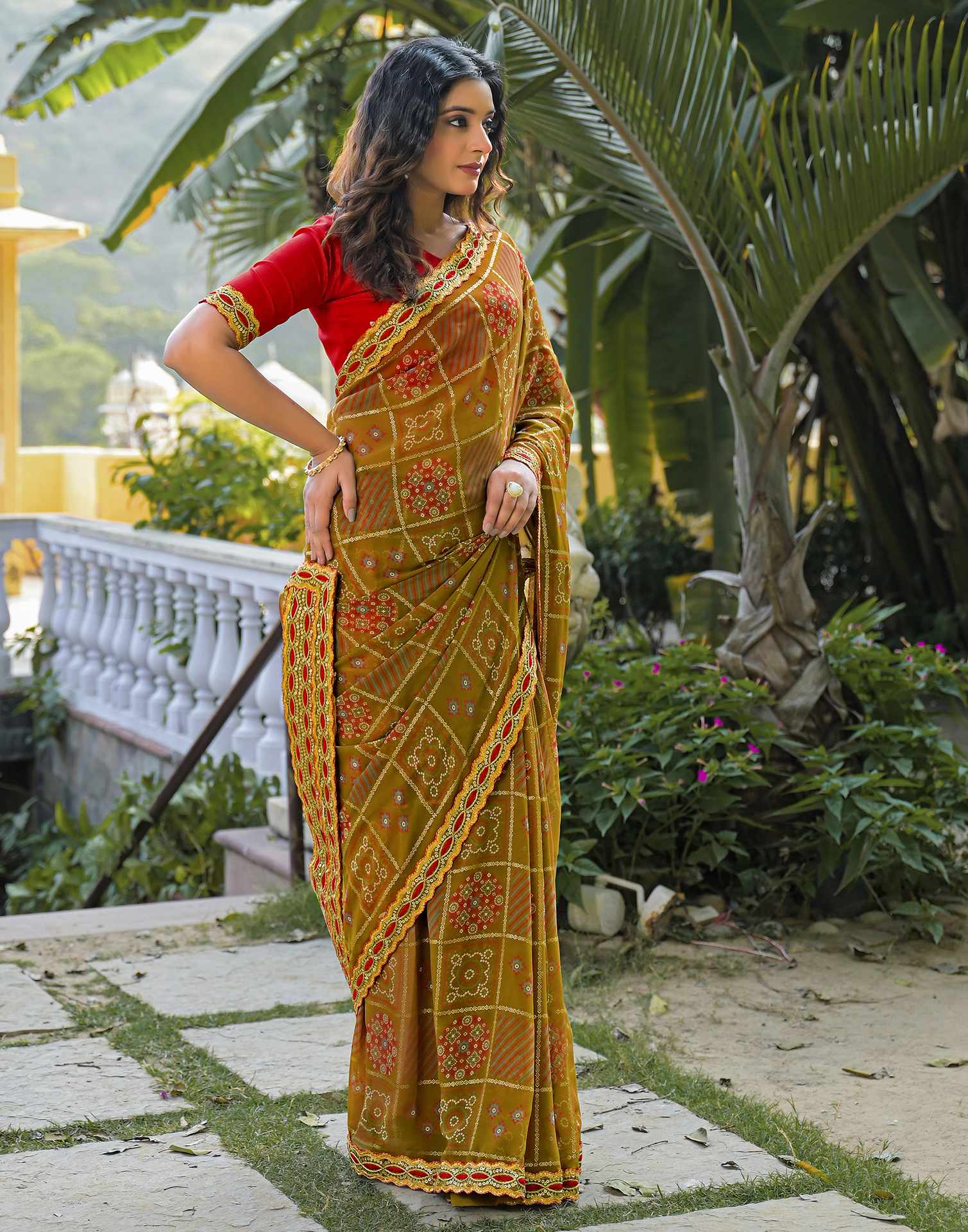 Dusty Brown Georgette Bandhani Printed Lace Saree - Image 7