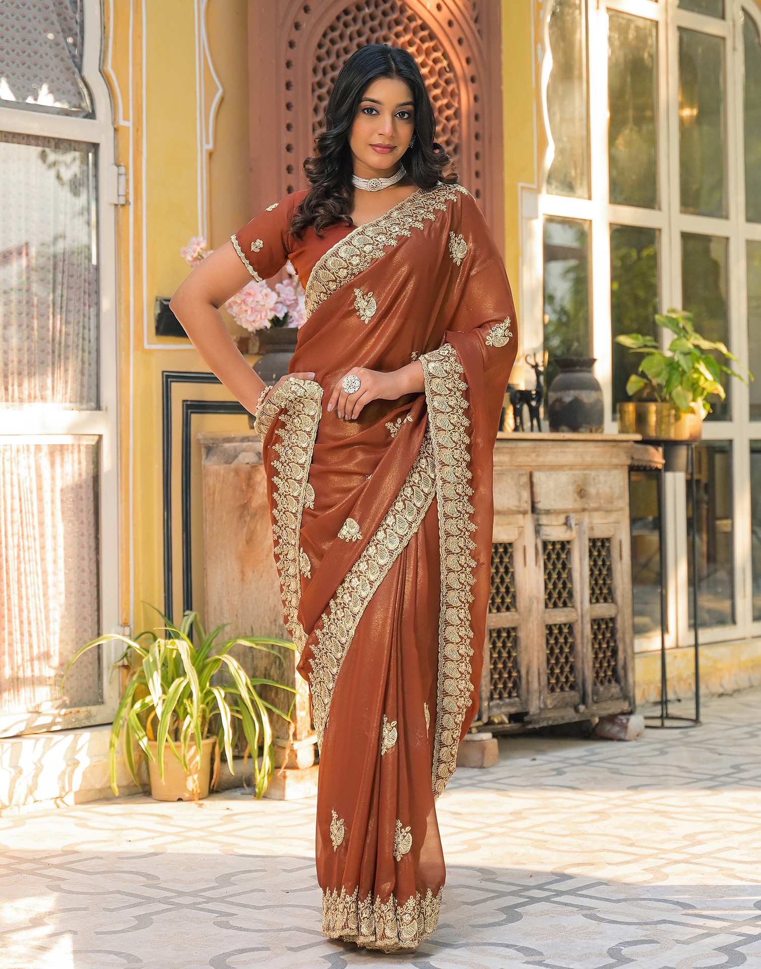 Dusty Brown Shimmer Georgette Sequence Embroidery saree - Image 5